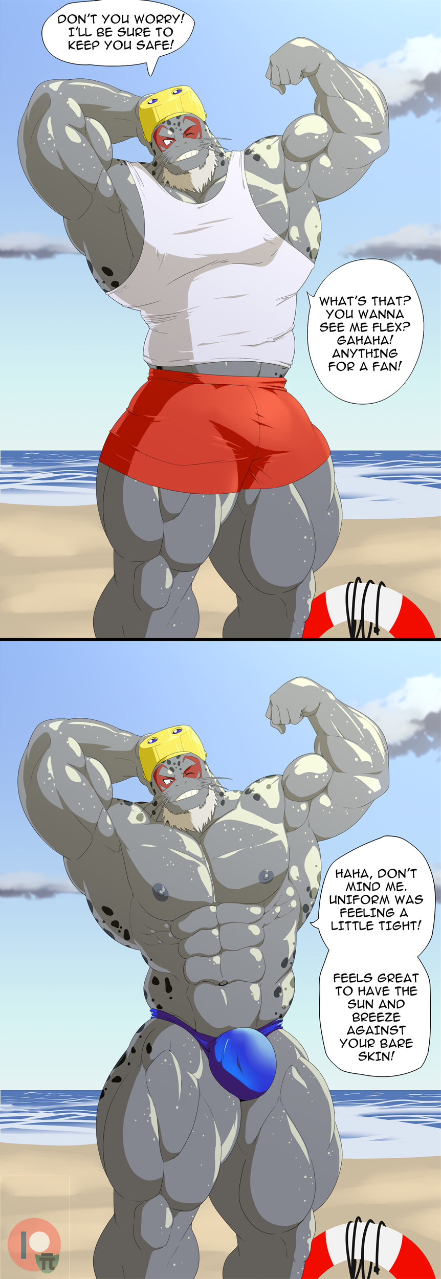 abs absurd_res anthro beard biceps bottomwear clothing dialogue english_text eyewear facial_hair flexing geng goggles grey_body hi_res male_only mammal marine muscular muscular_anthro muscular_male my_hero_academia nipples one_eye_closed pecs selkie_(my_hero_academia) shorts solo superhero teeth text toptank underwear wet white_beard wink