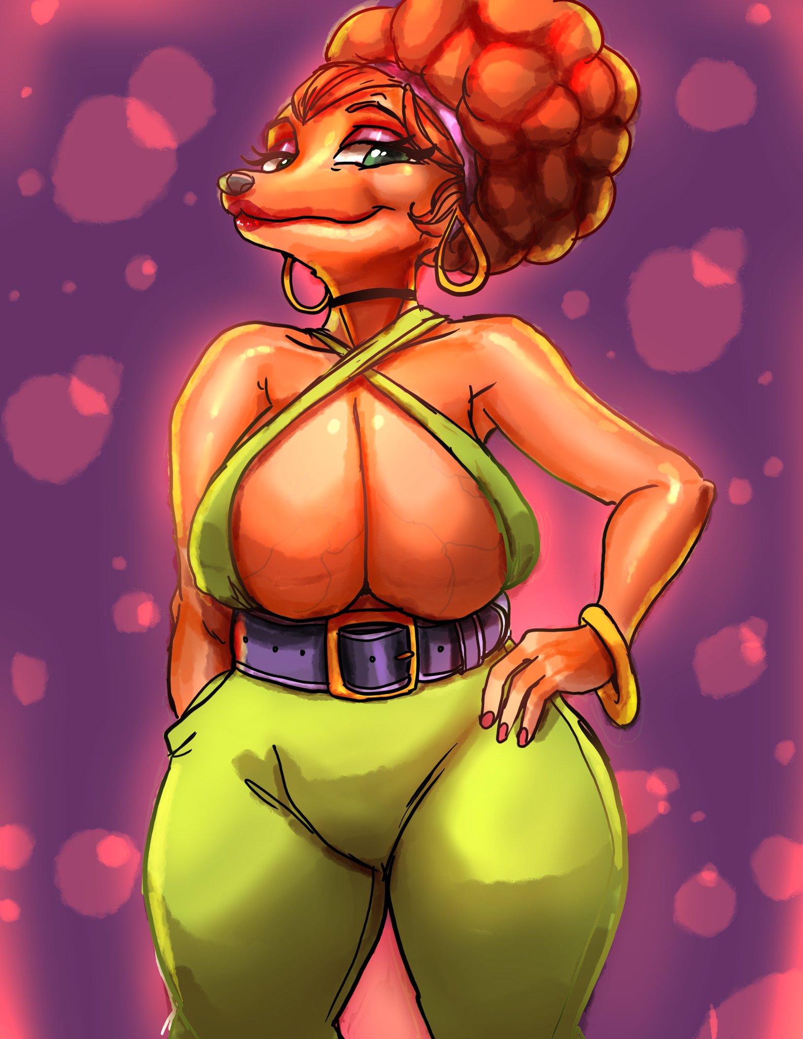 1girls, an extremely goofy movie, anthro, auburn hair, breasts, cleavage, clothed, clothing, disney, female, female focus, female only, goof troop, hair bun, hand on hip, huge breasts, red hair, revealing clothes, smmyart, sylvia marpole, thick thighs, thighs, wide hips
