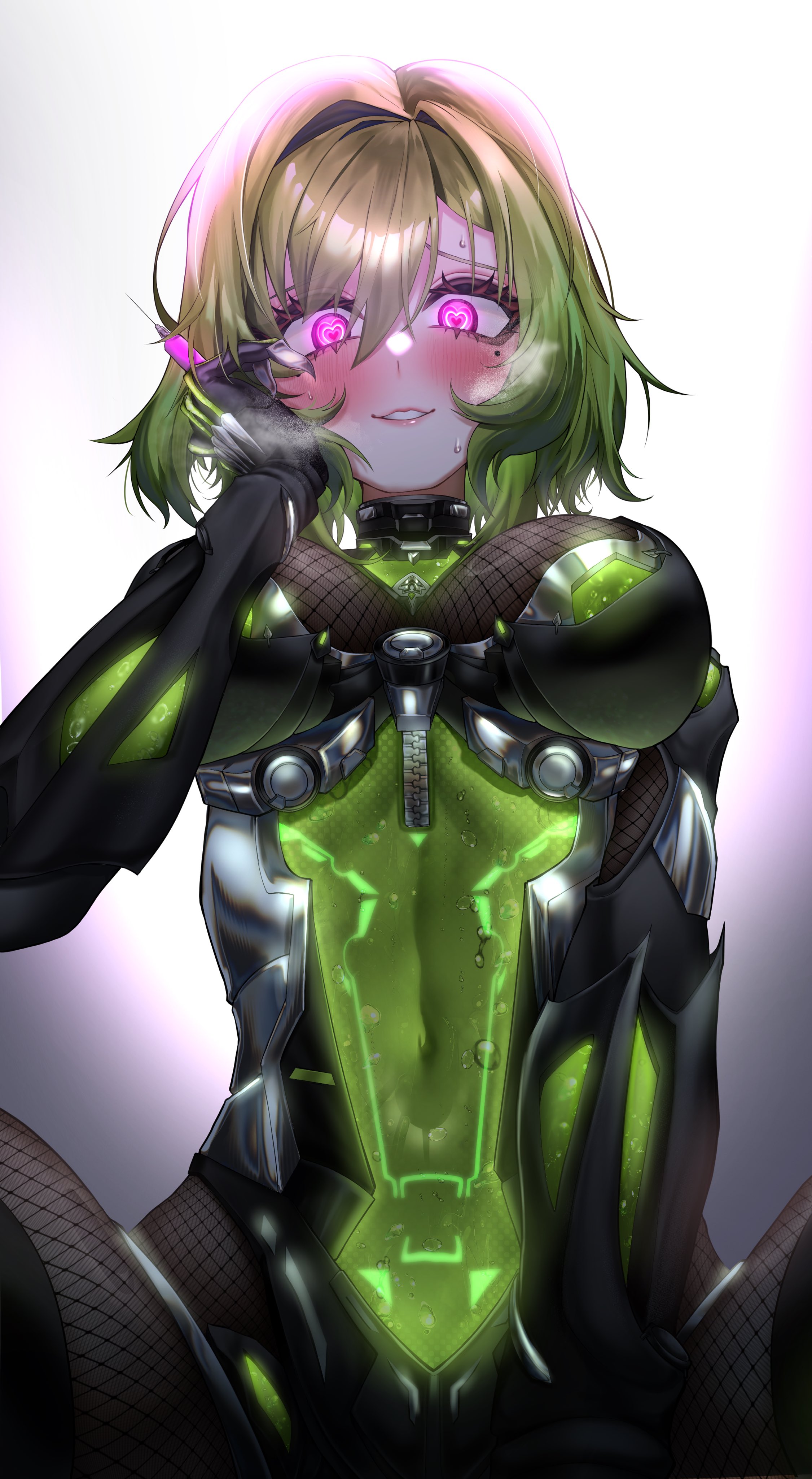 absurdres, august anomaly, black gloves, blush, bodystocking, breasts, commission, covered navel, female, fishnet bodystocking, fishnets, fushi yohaku, gloves, green hair, green leotard, heart, heart-shaped pupils, highres, holding, holding syringe, indie virtual youtuber, leotard, looking at viewer, mole, mole under eye, pink eyes, short hair, slime, solo, sweat, symbol-shaped pupils, syringe, vgen commission, virtual youtuber, vtuber, yandere, zipper