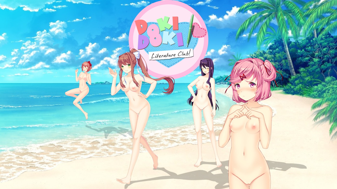 4girls, accurate art style, barefoot, beach, breasts, casual, completely nude, doki doki literature club, feet, female, female only, full body, hand on hip, monika (doki doki literature club), multiple females, multiple girls, naked, naked female, natsuki (doki doki literature club), nude, nude female, nudist, nudist beach, ocean, pussy, sayori (doki doki literature club), sprite, sprite edit, tagme, teenager, yuri (doki doki literature club)