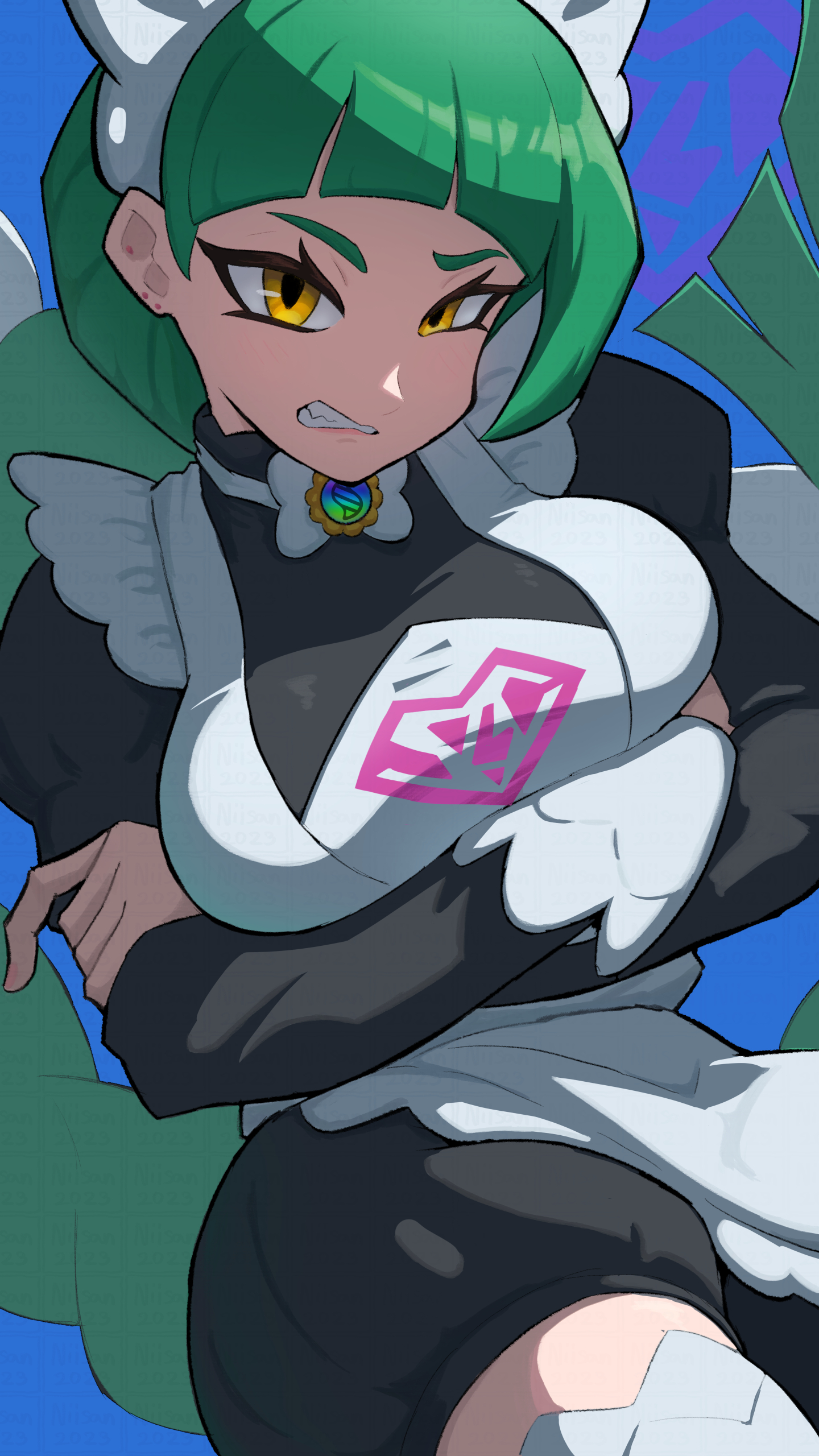 1girls, absurdres, apron, arms under breasts, big breasts, black romper, blunt bangs, bow, bowtie, braid, braided ponytail, breasts, brown eyes, clenched teeth, commentary request, crossed arms, female, female only, green hair, harujio (pokemon), highres, juliet sleeves, large breasts, lebanne (pokemon), long braid, long hair, long sleeves, looking at viewer, maid, maid apron, maid headdress, mega stone, niisan2023, nintendo, pokemon, pokemon legends: z-a, puffy sleeves, romper, solo, teeth, thighhighs, tsurime, white bow, white bowtie, white thighhighs
