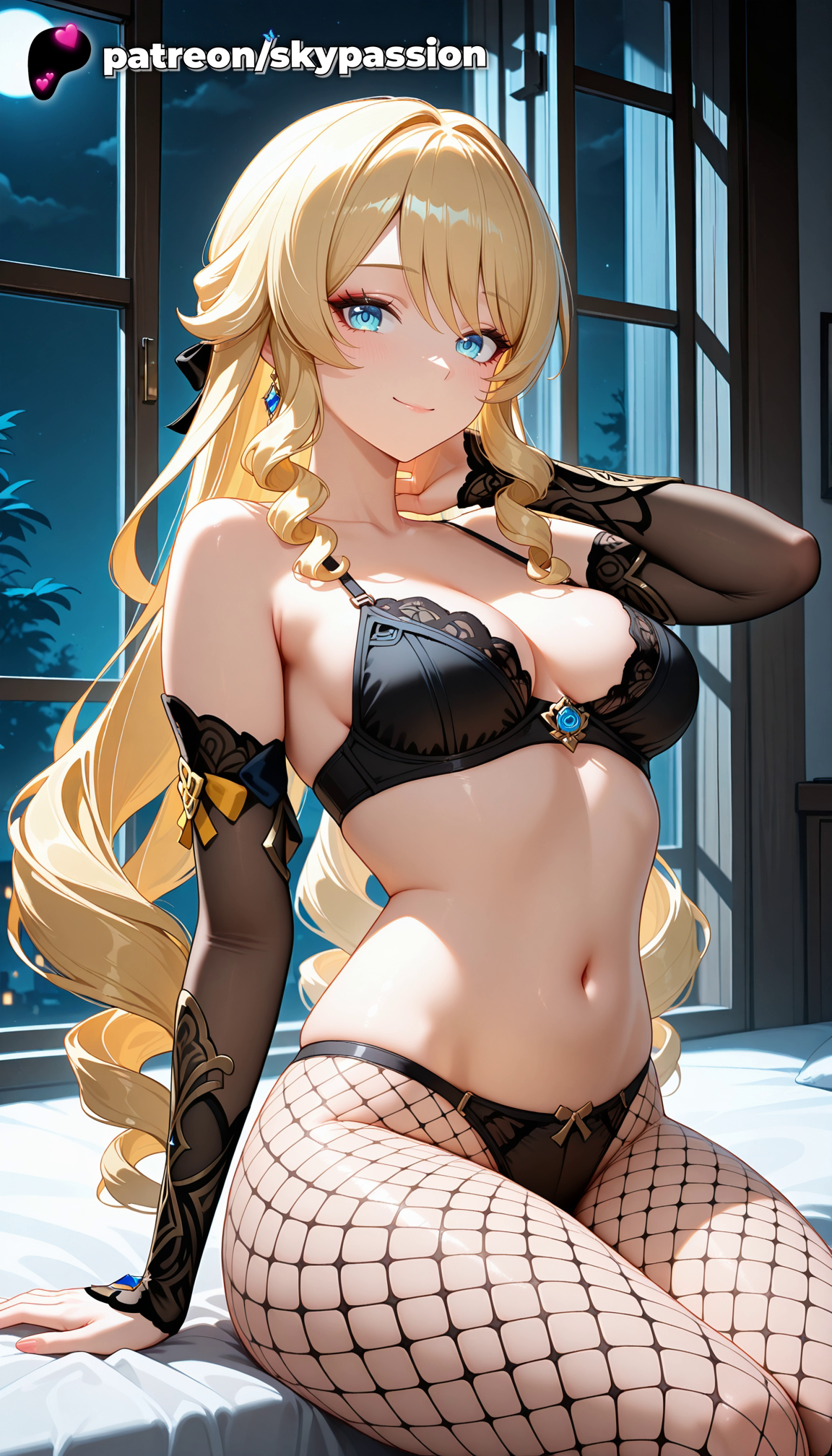 1girls, 2025, ai assisted, ai generated, anime, artist name, black bra, blonde hair, bra, breasts, bust, drill hair, earrings, explicit, fishnet legwear, fishnets, genshin impact, hi res, high quality, high resolution, highres, indoors, jewelry, long hair, looking at viewer, navel, navia (genshin impact), night, night sky, on bed, pantyhose, patreon, patreon username, skypassion, solo, stable diffusion, watermark, window