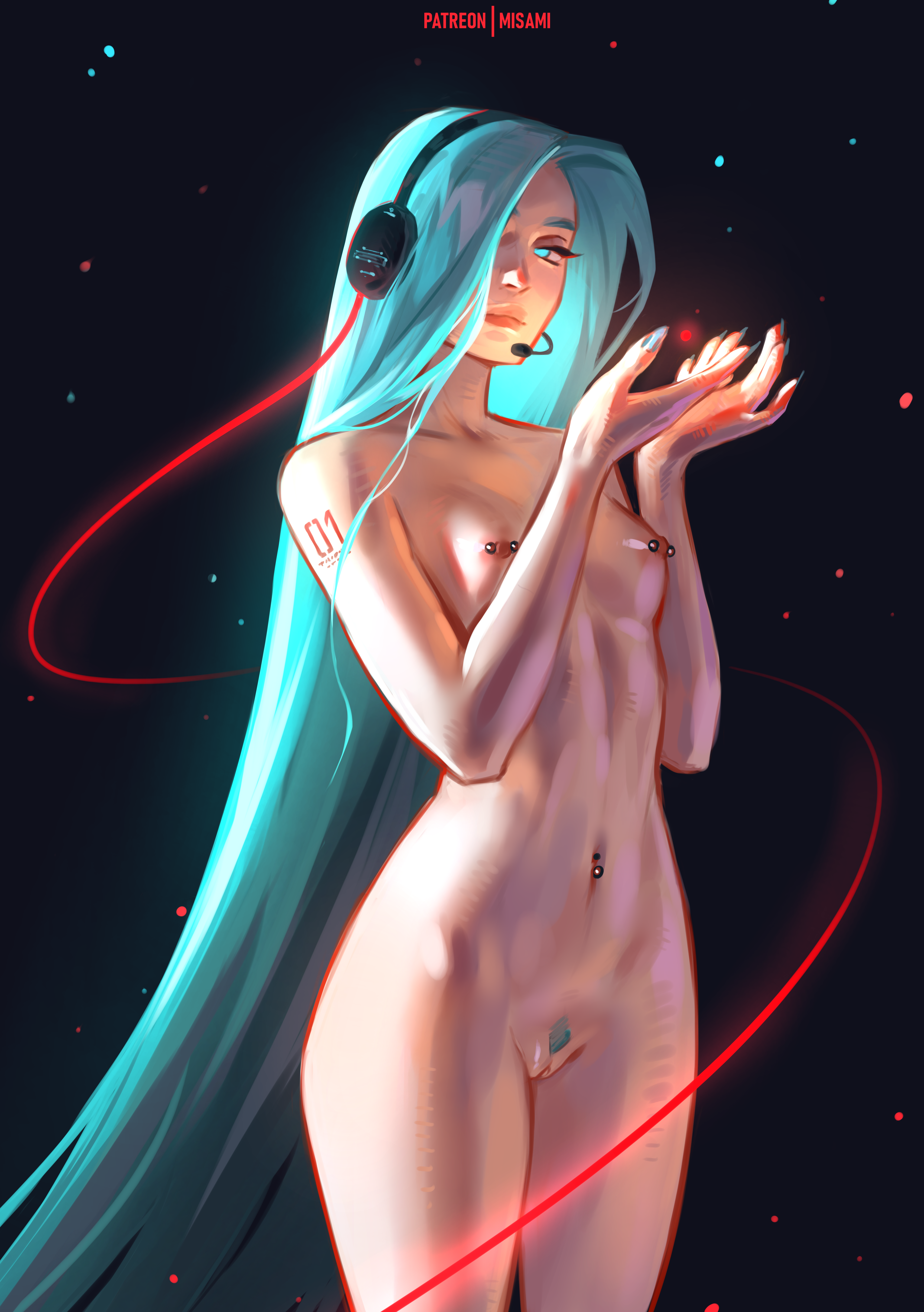 1girl, 1girls, aqua eyes, aqua hair, big thighs, blue eyes, breasts, breasts out, bush, colored pubic hair, completely nude, female, female only, female pubic hair, hair down, hair over one eye, hairy, hairy pussy, hatsune miku, headphones, hourglass figure, huge thighs, long hair, misami, nail polish, navel, navel piercing, nipple bar, nipple piercing, nipples, nude, perky breasts, perky nipples, pierced nipples, piercing, piercings, pubes, pubic hair, pussy, small breasts, solo, tattoo, thick legs, thick thighs, thunder thighs, thunderthighs, tits out, uncensored, variant set, very long hair, vocaloid, wide hips, wide thighs