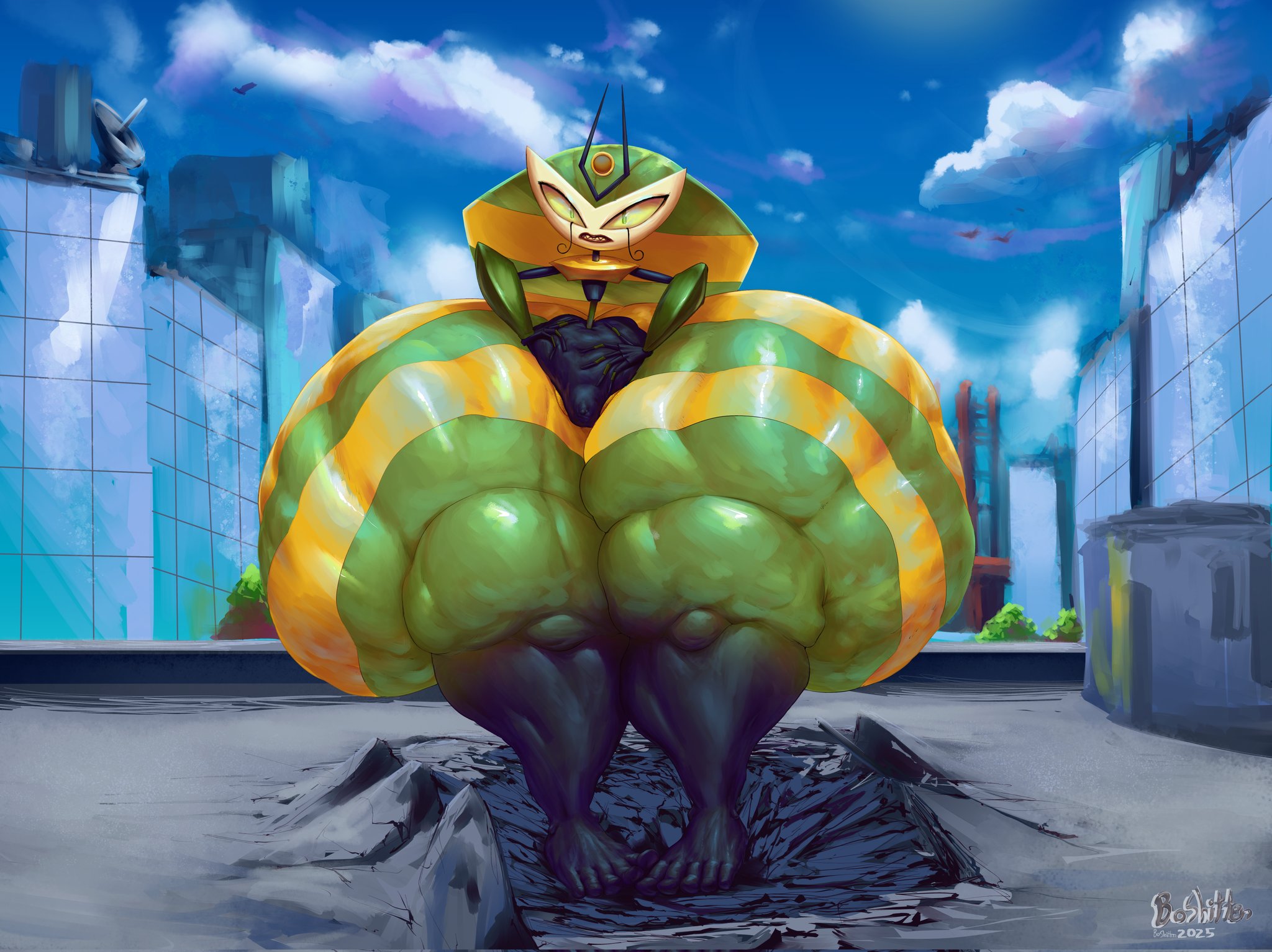 alien, alien girl, alien humanoid, alien robot, boshitten, city, city background, cityscape, color, crushing, fat, feet, feet out, frown, frowning, frowning at viewer, green body, green eyes, hd, hyper, hyper ass, hyper butt, hyper feet, hyper hips, hyper thighs, imminent destruction, mlaatr, muscles, muscular, muscular ass, muscular female, muscular legs, muscular thighs, my life as a teenage robot, nice ass, part 1, part of a series, queen vexus, robot, robot girl, robot humanoid, skunk bunk, vexus, yellow body, yellow eyes