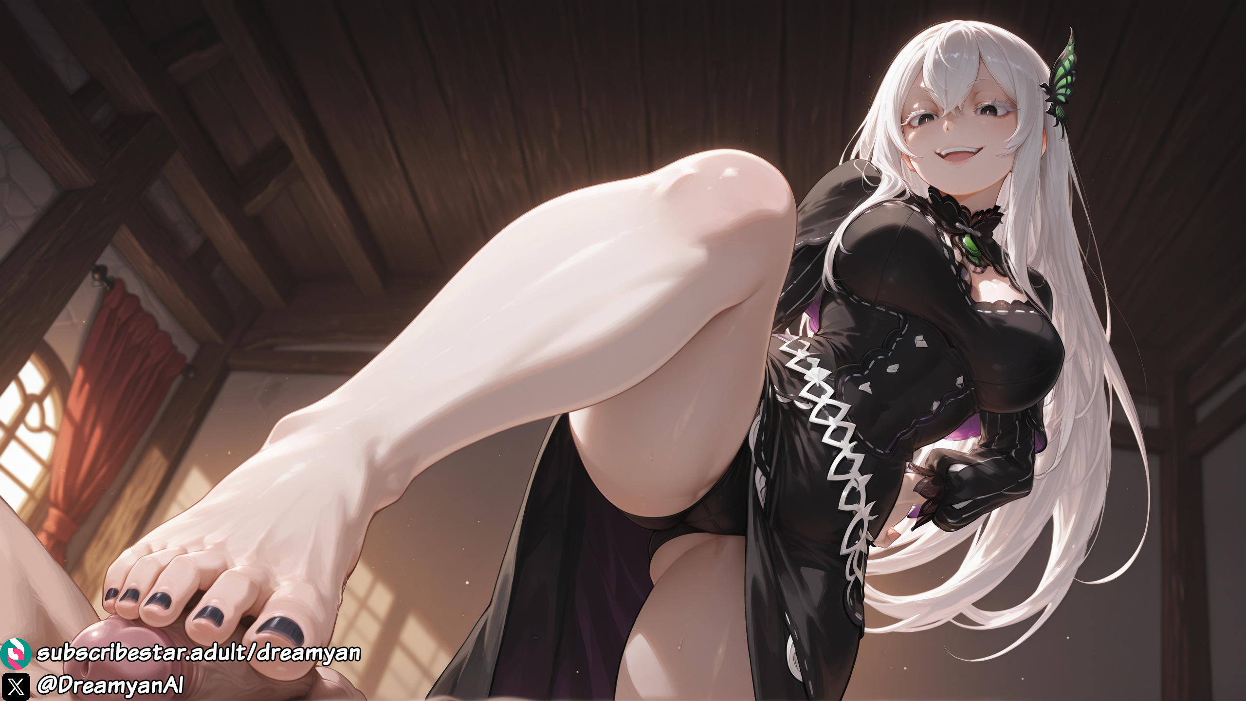 1girls, ai generated, barefoot, big breasts, black dress, black eyes, black toenails, breasts, clothed, clothed female, curvy, curvy body, curvy female, dreamyan ai, echidna (re:zero), feet, foot fetish, foot focus, footjob, hi res, high quality, high resolution, highres, long hair, open mouth, pale skin, re:zero kara hajimeru isekai seikatsu, smile, smiling, thick ass, thick thighs, thighs, toenail polish, toes, uncensored, very long hair, white body, white hair, white skin