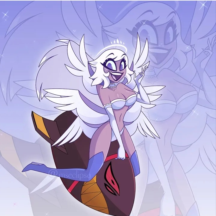 1girls, 2020s, 2025, 6 wings, angel, angel girl, bikini, bomb, cartoon, digital media (artwork), eclipsa78, elbow gloves, emily (hazbin hotel), female, gloves, happy, hazbin hotel, high heels, instagram link, lingerie, looking at viewer, no ai, solo, thighhighs, vivziepop, wings