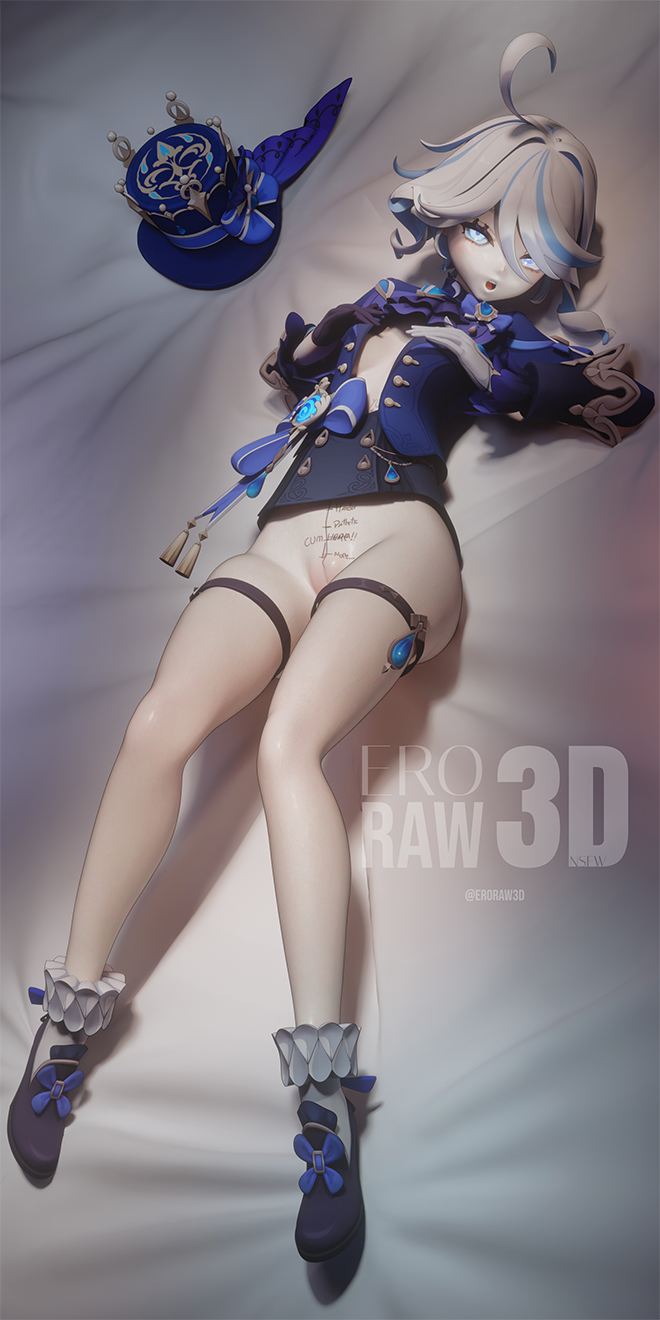 3d, blender, blender (artwork), blender (software), blender cycles, cg, cgi, eroraw3d, furina (genshin impact), genshin impact, penetration depth mark, posing, posing for picture, posing for the viewer, posing nude