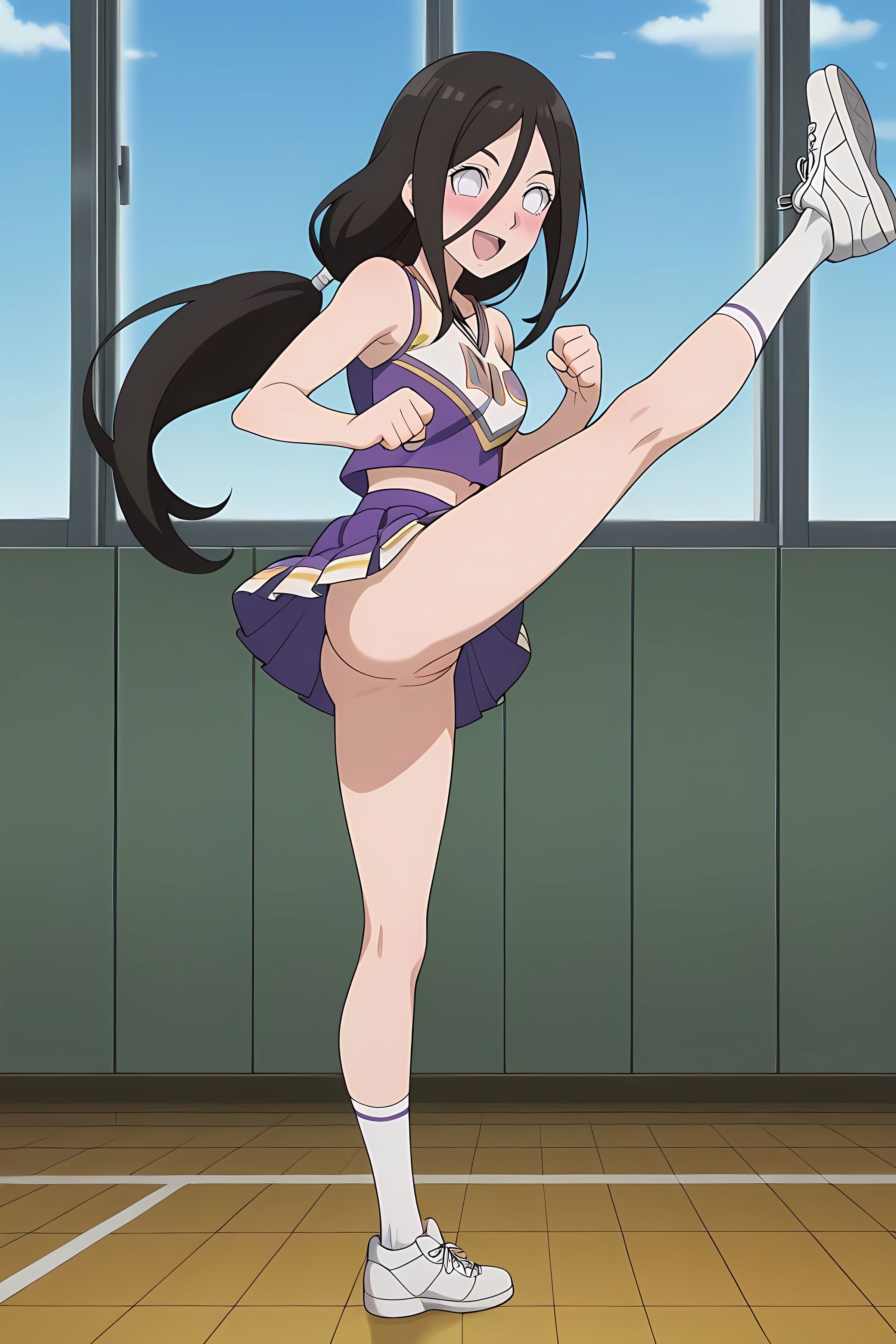 ai generated, blush, brown hair, cheerleader, cheerleader uniform, fists, grey eyes, gym, hair tied, hanabi hyuuga, happy, long hair, long socks, naruto (series), no panties, one leg up, open mouth, petite, pussy, pussy lips, pussy peek, shaved pussy, small ass, small waist, thighs, tight pussy, unaware, virgin, white shoes, white socks