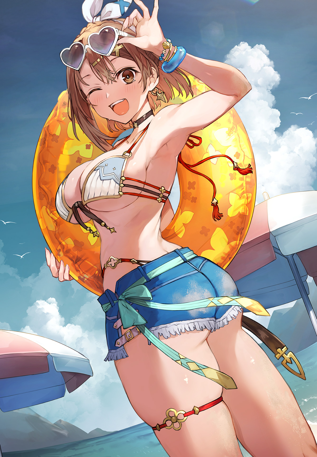 ;d, adjusting eyewear, areolae, arm up, armpits, ass, atelier (series), atelier ryza, atelier ryza 3, bare shoulders, beach, beach umbrella, bikini, bird, blue sky, blush, bracelet, braid, breasts, brown eyes, brown hair, choker, cleavage, cloud, day, earrings, eyewear on head, female, from behind, hair between eyes, hair ornament, hairband, hairclip, halterneck, hat, heart, heart-shaped eyewear, holding, holding swim ring, innertube, jewelry, large breasts, looking at viewer, looking back, nipples, ocean, official art, one eye closed, open mouth, outdoors, reisalin stout, ribbon, short hair, skindentation, sky, smile, solo, star (symbol ), star (symbol), star earrings, sunglasses, swim ring, swimsuit, teeth, thick thighs, thigh strap, thighs, topless, toridamono, twisted torso, umbrella, upper teeth, white bikini