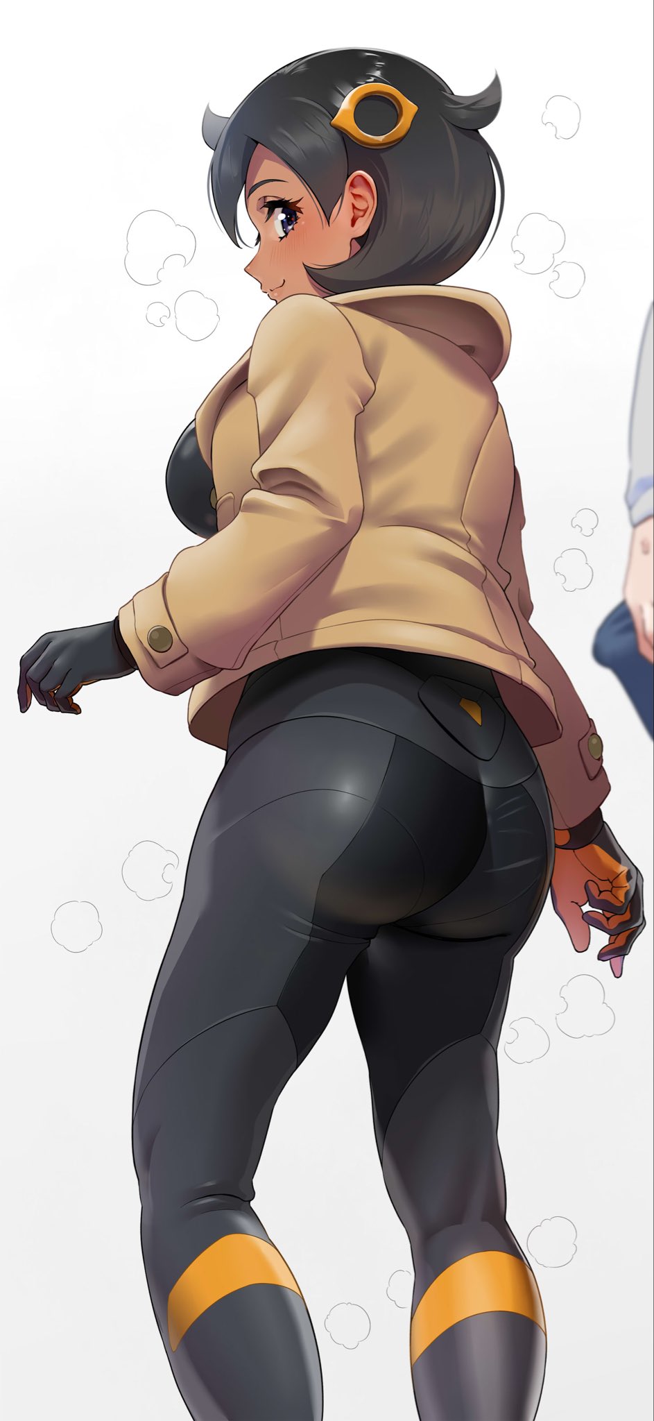 1boy, 1girls, ass, black bodysuit, black hair, bodysuit, bodysuit under clothes, brown jacket, bulge, closed mouth, dark skin, dark-skinned female, emma (pokemon), erection, erection under clothes, female, gloves, hair ornament, highres, huge ass, jacket, kilesha, looking at another, matiere (pokemon legends: z-a), matiere (pokemon), nintendo, pokemon, pokemon legends: z-a, purple eyes, short hair, simple background, straight, wide hips