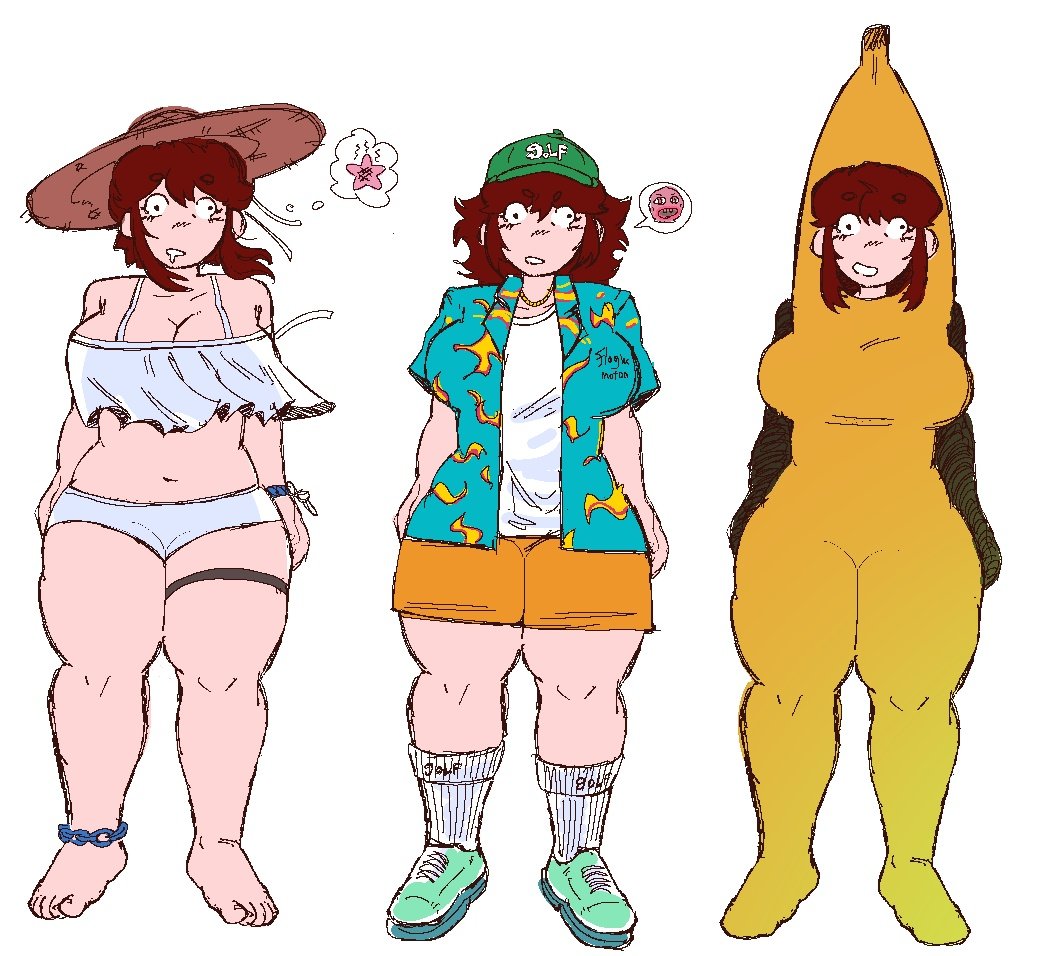 auburn hair, banana costume, big breasts, breasts, chubby female, different outfits, dumb girl, friday night funkin, friday night funkin mod, funny, girlfriend (friday night funkin), huge breasts, korean nooby (artist), massacre girlfriend (friday night funkin), millie (mistful crimson morning), mistful crimson morning, multiple outfits, oc, reference sheet, thick thighs, wide hips