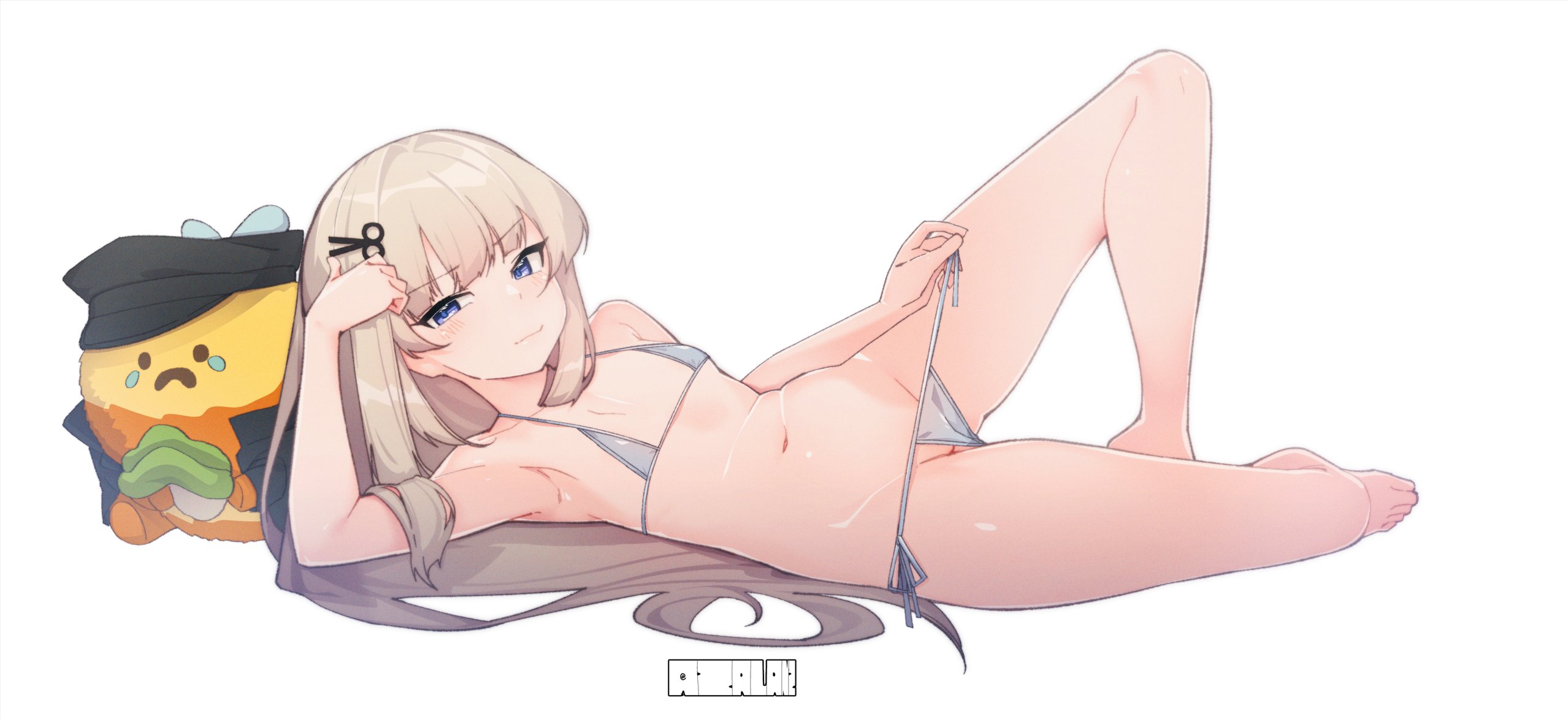 amanogawa shiina, armpits, artist logo, artist name, bare arms, bare legs, bare shoulders, barefoot, belly, beret, bikini, bikini pull, blonde hair, blue eyes, blush, breasts, cameltoe, closed mouth, clothes pull, collarbone, commentary, commission, english commentary, female, flat chest, full body, grey bikini, groin, hair ornament, hair spread out, hairclip, hat, highres, knee up, logo, long hair, looking at viewer, lying, micro bikini, navel, on back, on side, open clothes, phase alias, phase connect, presenting armpit, pulling own clothes, pussy, pussy peek, ribbon, sad bee (amanogawa shiina), scissors hair ornament, side-tie bikini bottom, sidelocks, simple background, small breasts, solo, stomach, string bikini, stuffed animal, stuffed bee, stuffed toy, swimsuit, thighs, tilt-shift (azalanz), untied bikini, very long hair, virtual youtuber