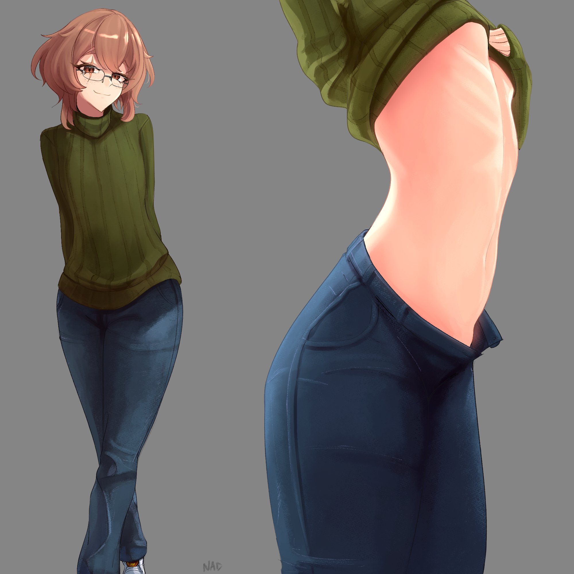 alternate costume, arms behind back, artist name, black-framed eyewear, blue pants, blush, breasts, brown eyes, brown hair, casual, clio aite, closed mouth, clothes lift, commentary, cowboy shot, crossed ankles, crossed legs, denim, english commentary, female, flat chest, flat hag, from side, full body, glasses, green sweater, grey background, hag, hair between eyes, highres, jeans, long sleeves, looking at viewer, mature female, midriff, multiple views, nad (gon4d), navel, no bra, older female, pants, phase connect, phase invaders quest, rectangular eyewear, ribbed sweater, ribs, scar, scar across eye, scar on face, short hair, simple background, small breasts, smile, standing, sweater, sweater lift, teacher, turtleneck, turtleneck sweater, underboob, virtual youtuber, vtuber, watson cross