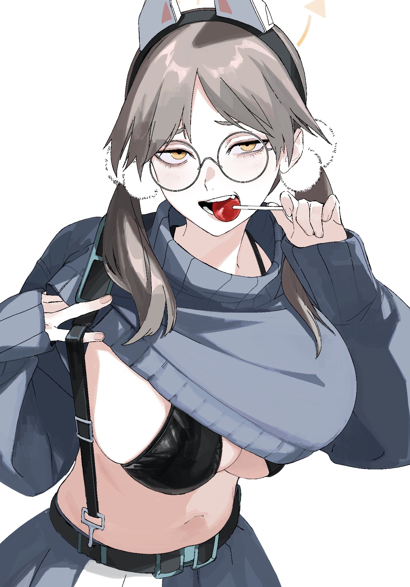 1girls, animal ears, bikini, black bikini, blue archive, blue skirt, blue sweater, blush, breasts, brown hair, candy, cleavage, clothes lift, fake animal ears, female, female only, food, glasses, hair ornament, halo, highres, holding, holding candy, holding food, holding lollipop, kawatiw, large breasts, lifting own clothes, lollipop, looking at viewer, low twintails, midriff, moe (blue archive), orange eyes, pom pom (clothes), pom pom hair ornament, rabbit ears, round eyewear, simple background, skirt, solo, suspender skirt, suspenders, sweater, sweater lift, swimsuit, twintails, white background