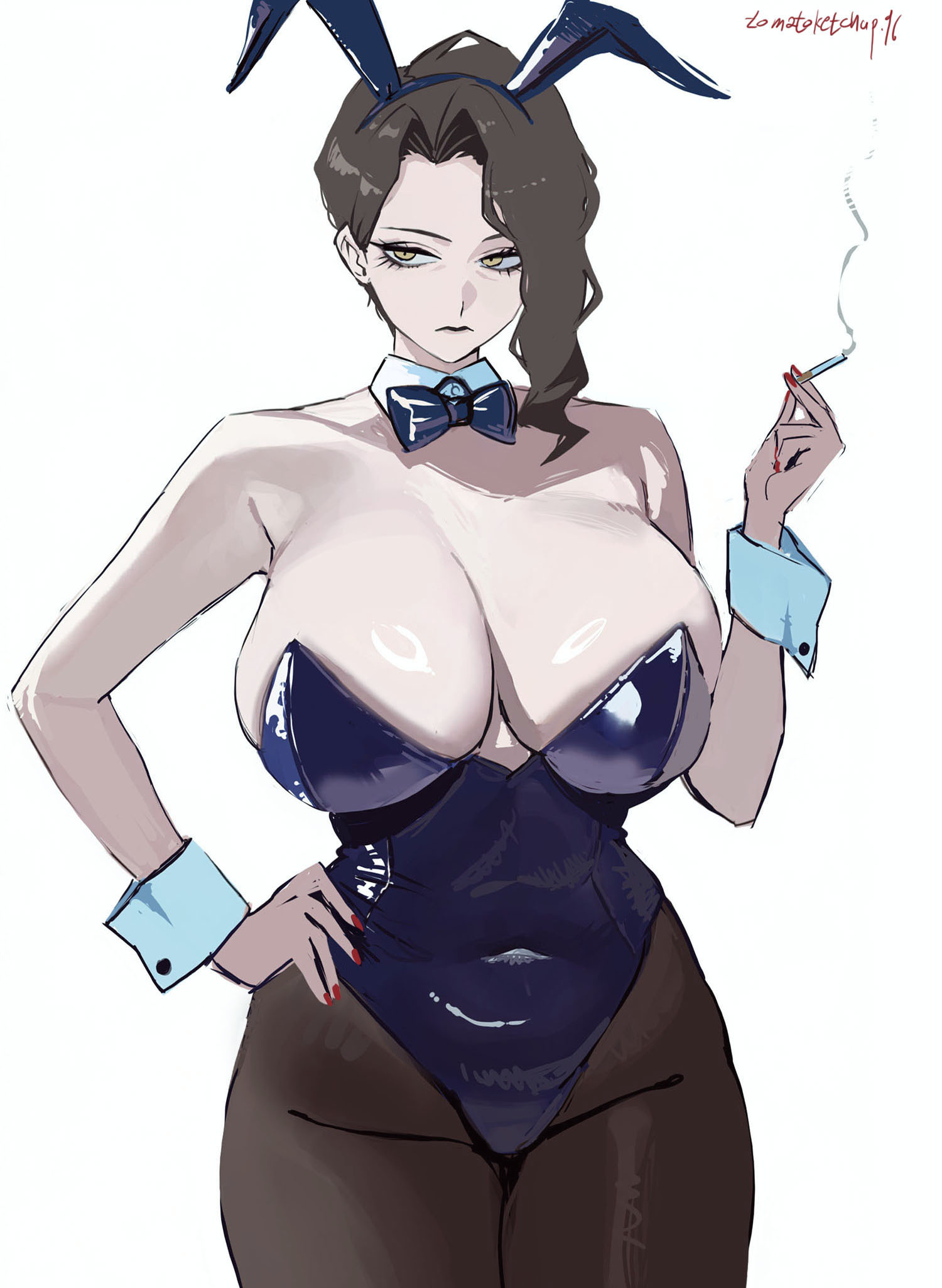 1girls, alternate breast size, big breasts, bowtie, breasts, brown hair, bunny ears, bunnysuit, cigarette, cigarette in hand, cigarette smoke, female, frown, hair, hand on hip, hermann (limbus company), huge breasts, limbus company, milf, navel, navel visible through clothes, pantyhose, project moon, tomatoketchup96, yellow eyes