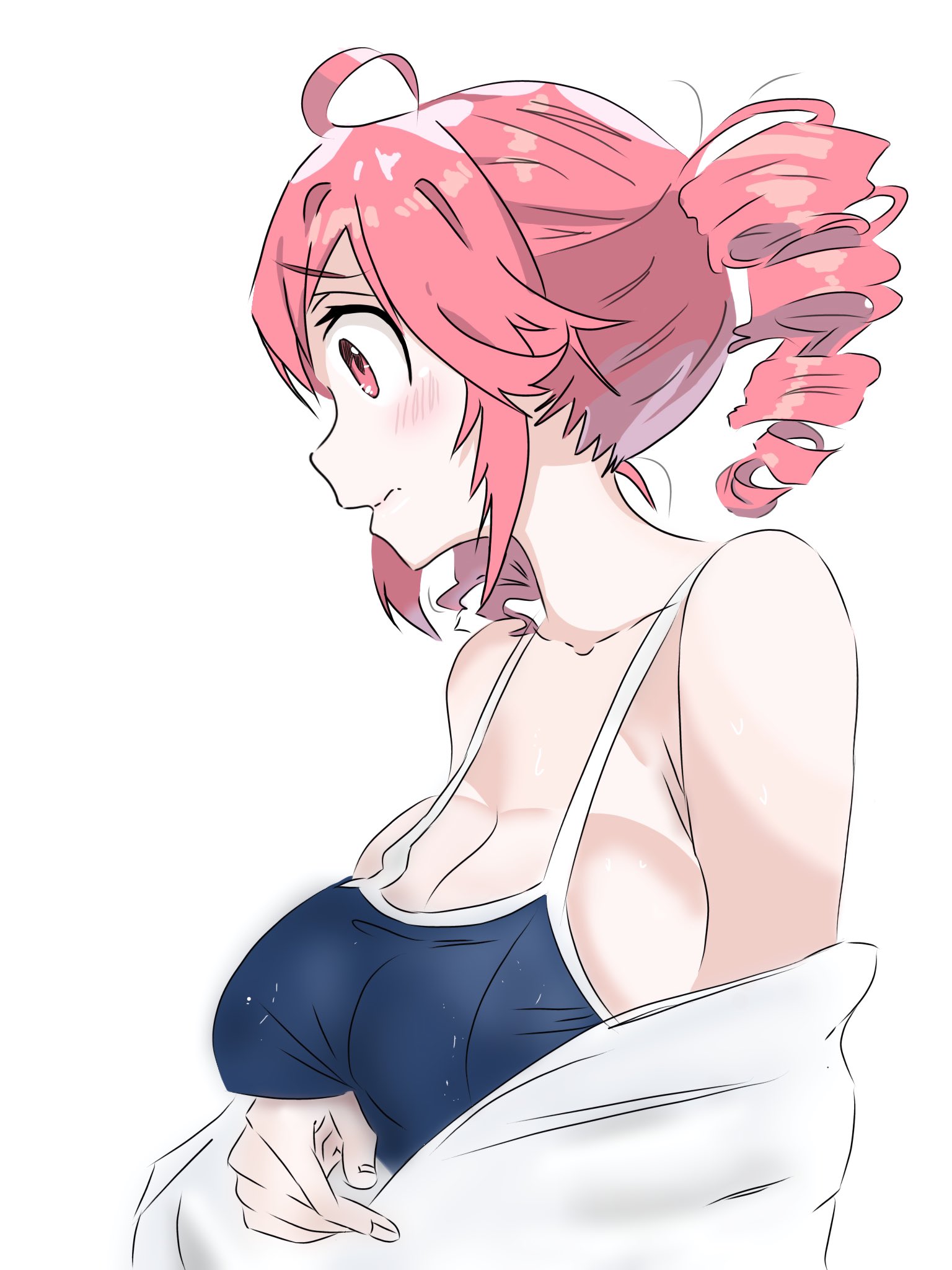 1girls, 2d, 2d (artwork), ahoge, arms under breasts, artist request, big breasts, blush, blush lines, blushing, blushing female, breasts, clavicle, cleavage, competition swimsuit, embarrassed, embarrassed female, fat breasts, female, female only, hands under breasts, huge breasts, kasane teto, large breasts, nervous, nervous expression, plump, plump breasts, red eyes, red hair, round breasts, side view, simple background, solo, solo female, swimsuit, towel, towel wrap, twin drills, upper body, upper body focus, utau, wet, wet body, white background, worried, worried expression