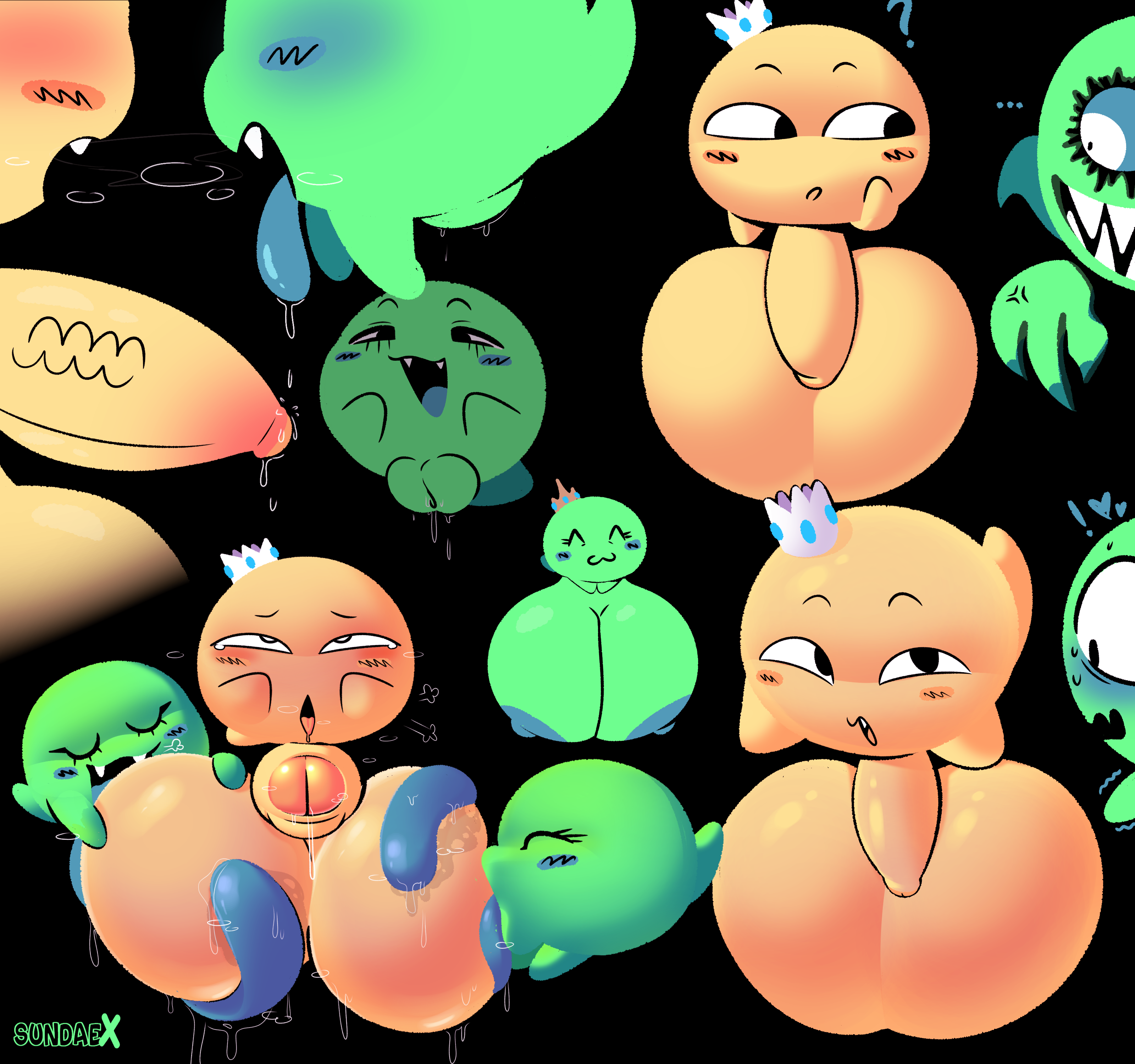 after kiss, areola, aroused, aroused face, aroused female, ball lick, balls, balls lick, balls licking, big balls, big boobs, big breasts, big penis, big tits, big tongue, black background, blue areola, blue nipples, blue tongue, blush, blush lines, blushing, boo (mario), boobs, boom boo (sonic), breasts, digital drawing (artwork), digital media (artwork), dominant, dominant female, domination, erect nipples, erect penis, erection, fangs, female, front view, ghost, green body, green boobs, green breasts, horny, horny female, huge balls, huge boobs, huge breasts, huge tits, huge tongue, hyper balls, hyper boobs, hyper breasts, hyper tits, imminent oral, imminent sex, king, leaking penis, leaking precum, leaking pussy, long tongue, looking at another, looking at balls, looking at genitalia, looking at partner, looking at penis, male, male/female, male/female/female, mario (series), mother, nipples, open mouth, penis tip, precum, precum drip, precum on penis, puffy pussy, pussy, pussy juice, pussy juice drip, pussy lips, queen, saliva, saliva drip, saliva on penis, saliva on tongue, saliva trail, side view, simple background, smile, sonic (series), sonic the hedgehog (series), submissive, submissive male, sundaebunnyx, sundaex, testicles, tits, tongue, tongue out, toony, trio, vagina, vaginal fluids, vaginal juices, vein, veiny hands, veiny penis, yellow balls, yellow penis