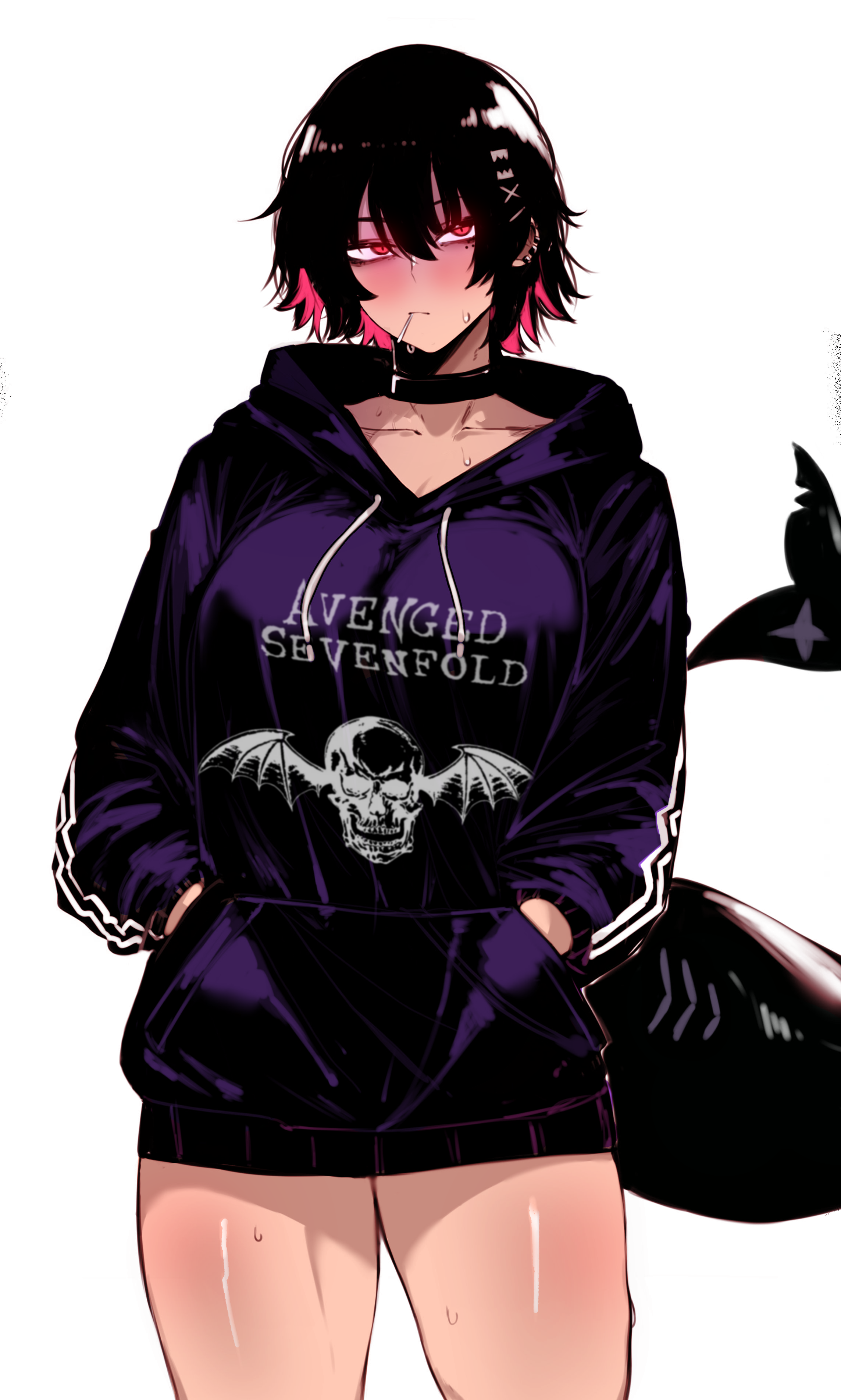 1girls, 2d, 2d (artwork), avenged sevenfold, big breasts, black hair, bottomless, breasts, clothed, color edit, colored, dark hair, edit, ellen joe, female, female focus, fish tail, hand in pocket, hands in pockets, hoodie, hoyoverse, large breasts, lollipop, lollipop in mouth, masoq095, mihoyo, monster girl, mostly clothed, multicolored hair, no pants, oversized clothes, oversized hoodie, pink hair, shark girl, shark tail, sharp nails, tail, thick, thick thighs, thighs, third-party edit, tomboy, zenless zone zero
