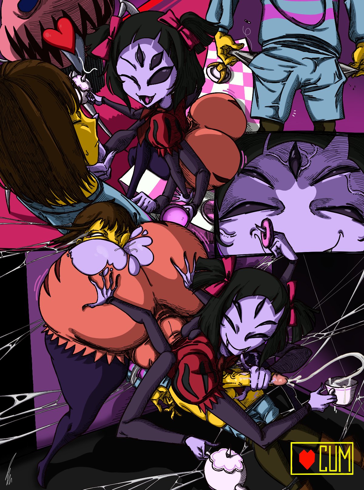 1boy, 1girls, 2d, 6 arms, against wall, ass, bendraws, black eyes, black hair, bottom heavy, brown hair, cum, cumshot, ejaculation, erection, erection under clothes, face in ass, female, femdom, frisk, handjob, male, muffet, penis, purple skin, smothering, spider girl, tagme, thick thighs, thighs, undertale, undertale (series), yellow skin