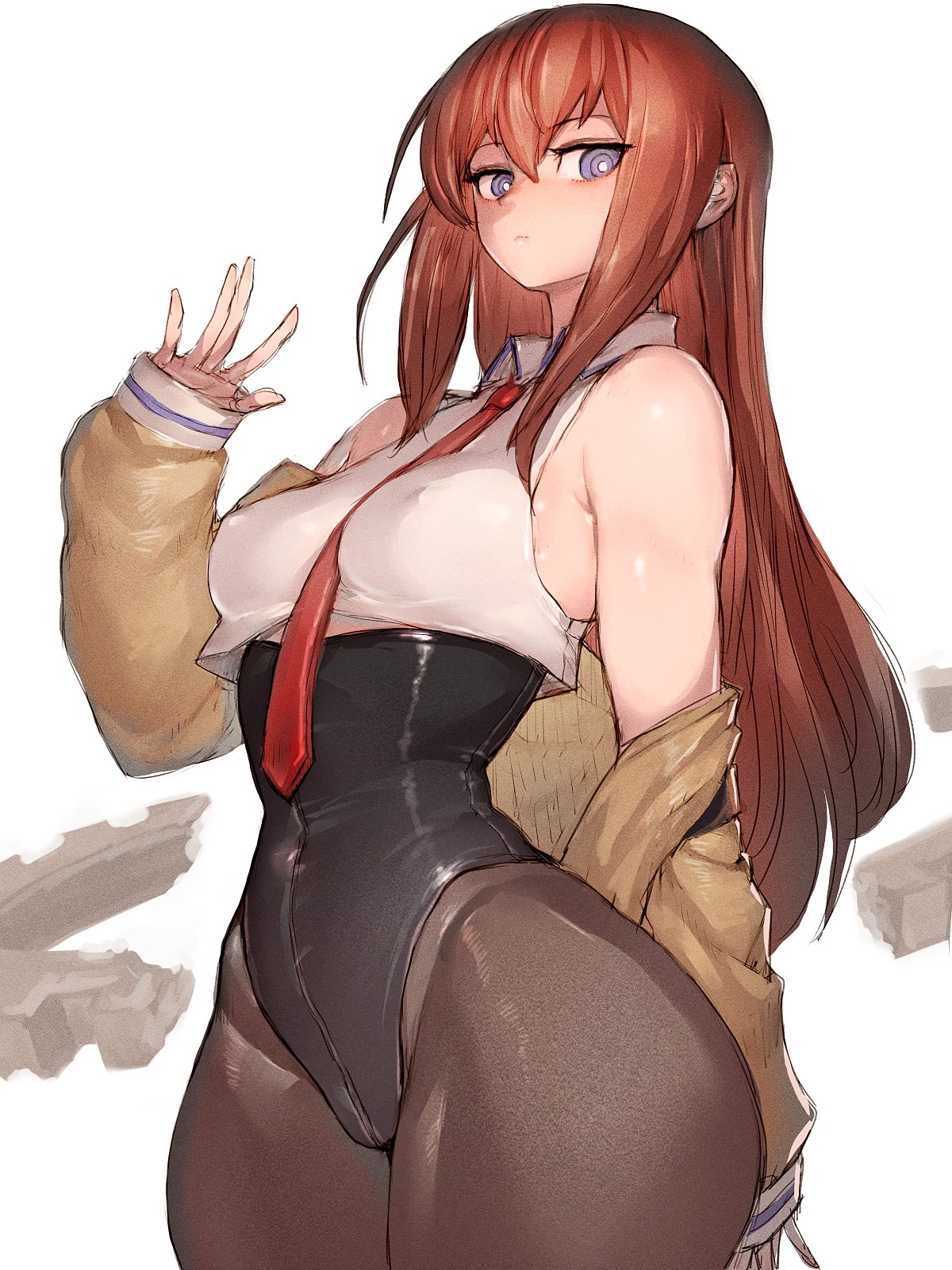 1girls, 2d, 2d (artwork), armpits, brunette, brunette female, brunette hair, clothed, exposed shoulders, fumio (rsqkr), jacket, jacket open, long hair, looking at viewer, makise kurisu, nerd, nerdy female, science adventure, shoulders, steins;gate, tagme, tie, tight clothing