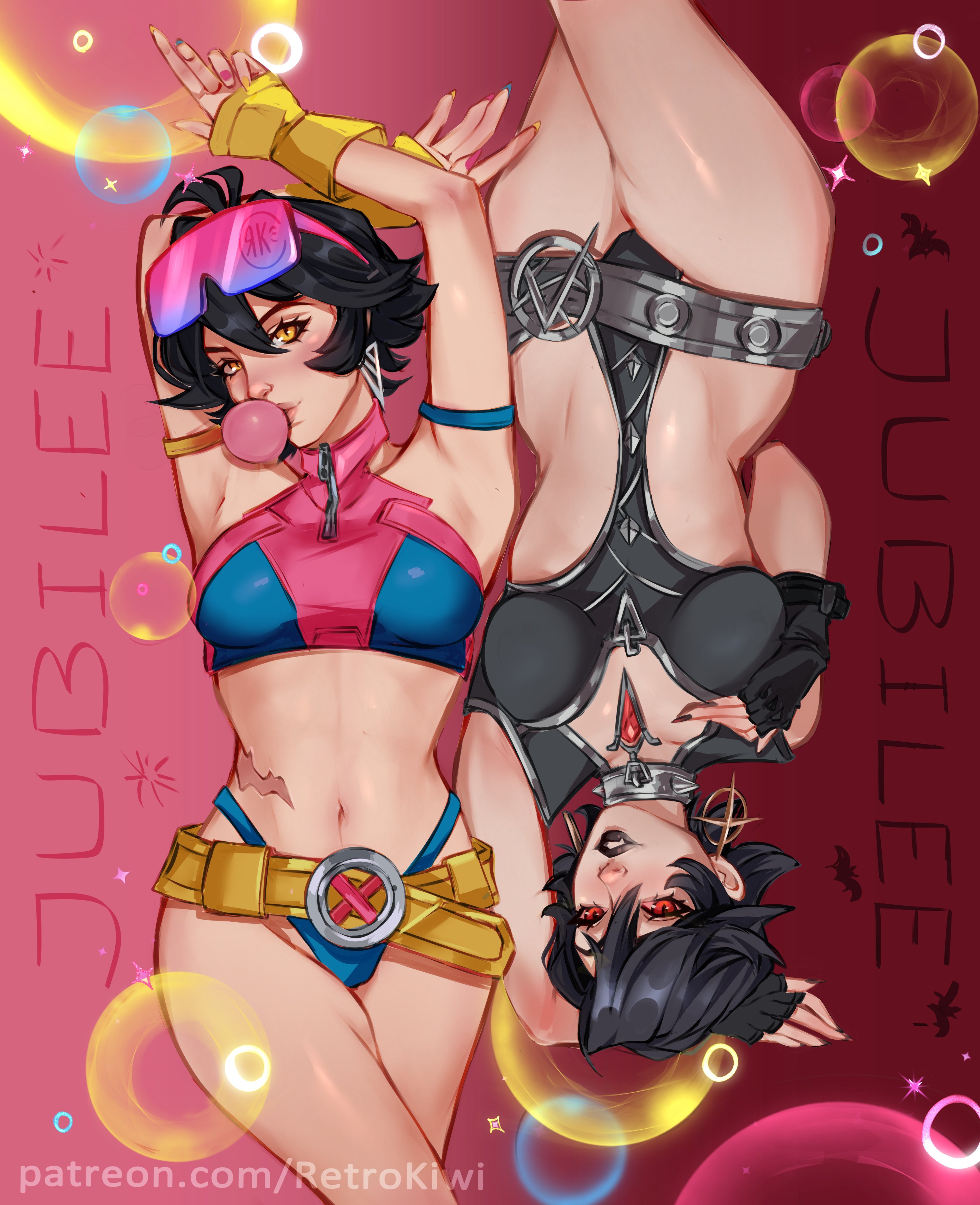 2d, clothed, dual persona, female, female only, fully clothed, goth, goth girl, jubilation lee, jubilee, jubilee (marvel rivals), looking at viewer, marvel, marvel rivals, midriff, navel, retrokiwi69, vampire, vampire girl, vampire jubilee, x-men