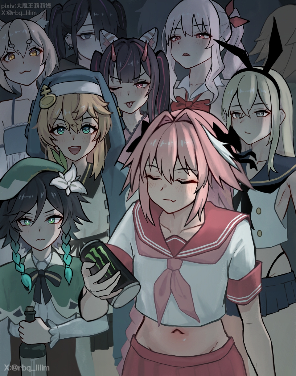 2girls, 6+boys, akiyama mizuki, androgyne symbol, astolfo (fate), aura, black hair, bridget, bridget (guilty gear), cho kaguya-hime!, danganronpa, danganronpa: trigger happy havoc, fate (series), felix argyle, female, femboy, fujisaki chihiro, genshin impact, guilty gear, guilty gear strive, horns, komazawa noi, male, meme, monster drink, multiple males, open mouth, parody, pink hair, re:zero kara hajimeru isekai seikatsu, shimakaze-kun, transgender, transgender woman, venti (genshin impact), yellow hair