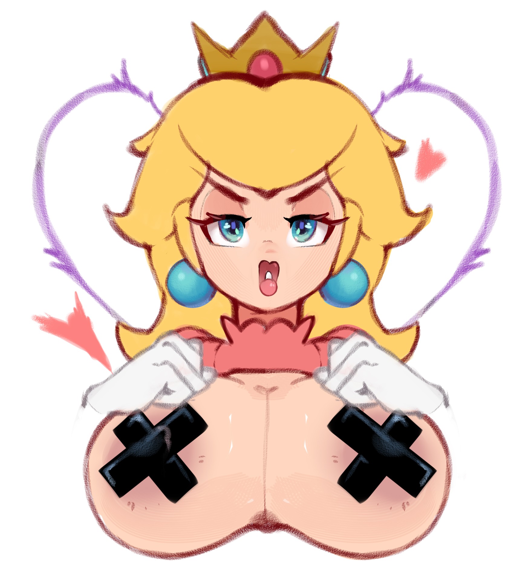 1girls, 2d, big breasts, blonde hair, blue eyes, boobs, boobs out, breasts, breasts out, clothed, crown, earrings, gloves, mario (series), nintendo, nipples covered, princess peach, solo female, super mario bros., willart ntr