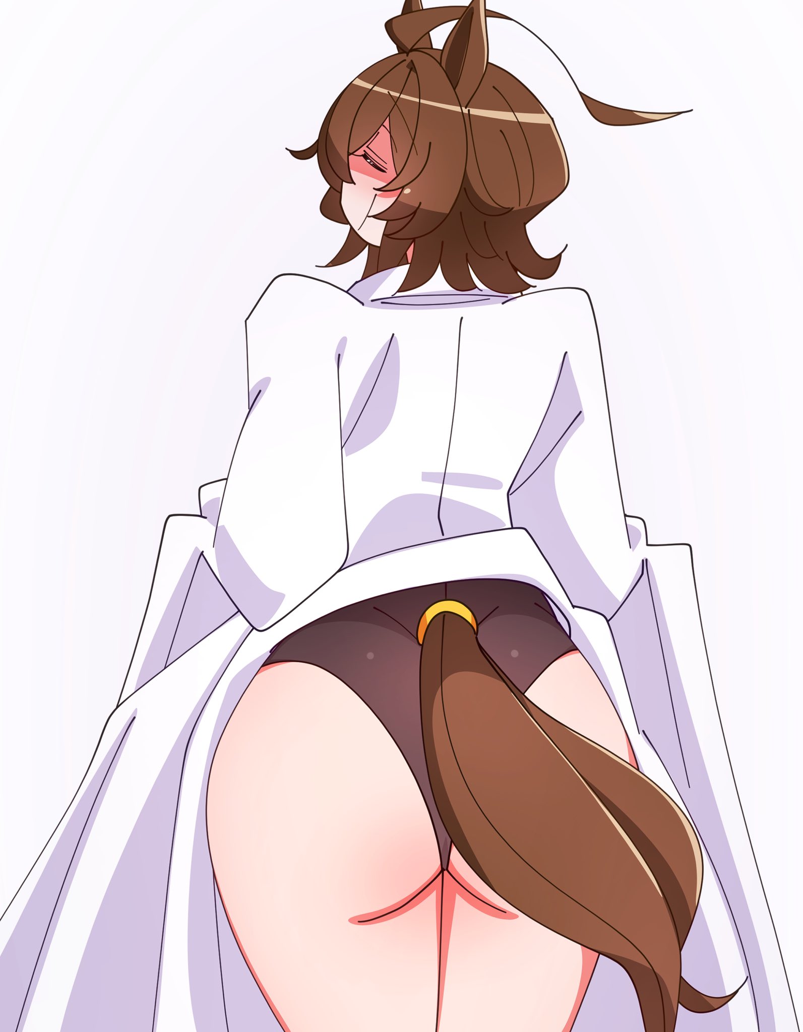 1girls, 2026, 2d, 2d (artwork), agnes tachyon (umamusume), animal ears, animal tail, ass, back, back view, behind, behind view, big ass, big butt, brown hair, butt, closed eyes, coat, color, colored, cygames, digital media (artwork), eyes closed, female, female only, hair, hi res, horse ears, horse girl, horse tail, kaijin debeso, labcoat, light skin, light-skinned female, medium hair, simple background, solo, tail, thick thighs, thighs, umamusume, umamusume pretty derby, umamusume: beginning of a new era, video game character, video games, white background