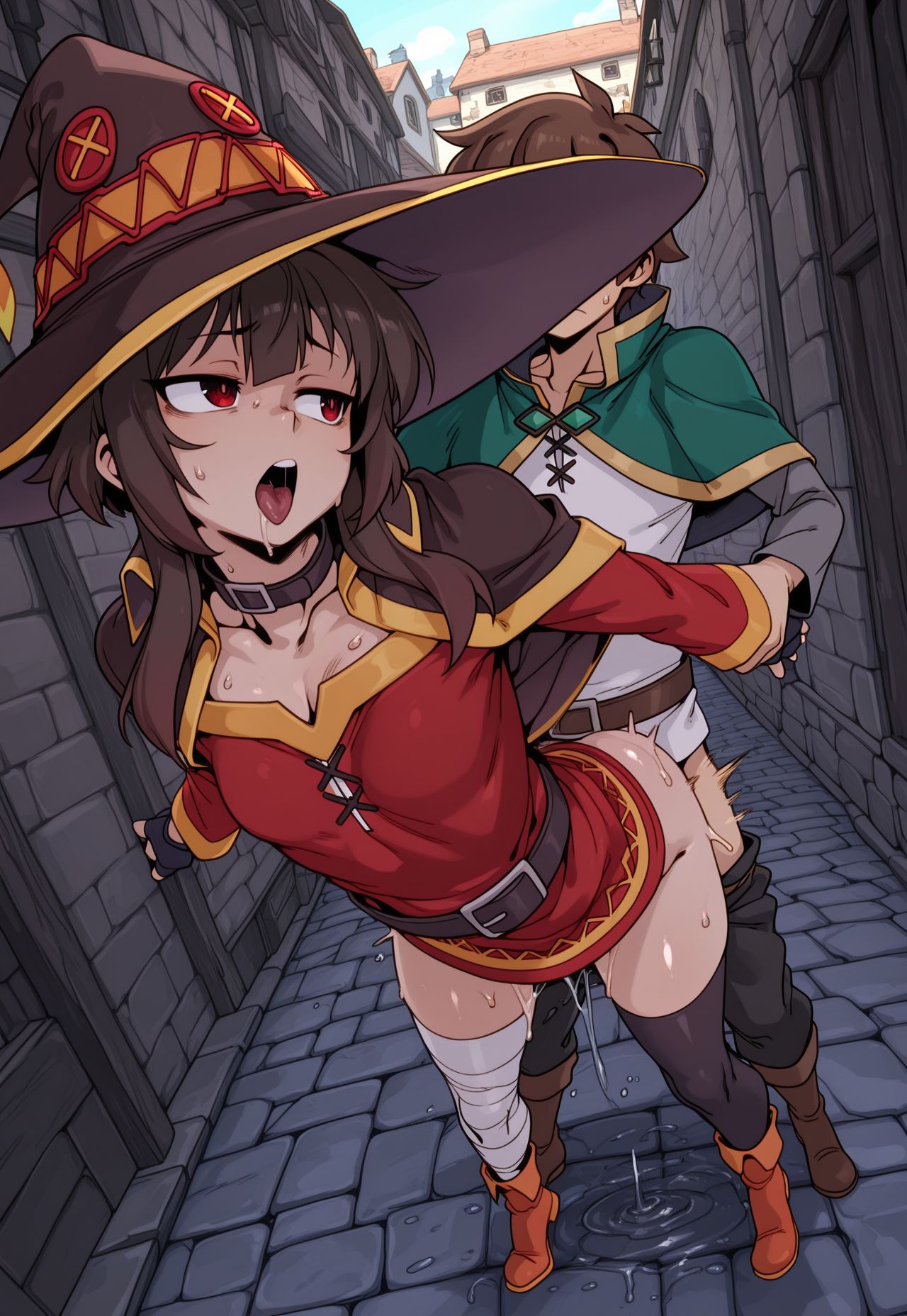 1boy, 1girl, 1girls, ai, ai generated, boobs, breasts, drooling, female, kanteia, kono subarashii sekai ni shukufuku wo!, konosuba, male, megumin, moaning, petite, petite body, petite breasts, petite female, pussy juice, saliva, satou kazuma, sex, standing sex, sweat, tits, woman