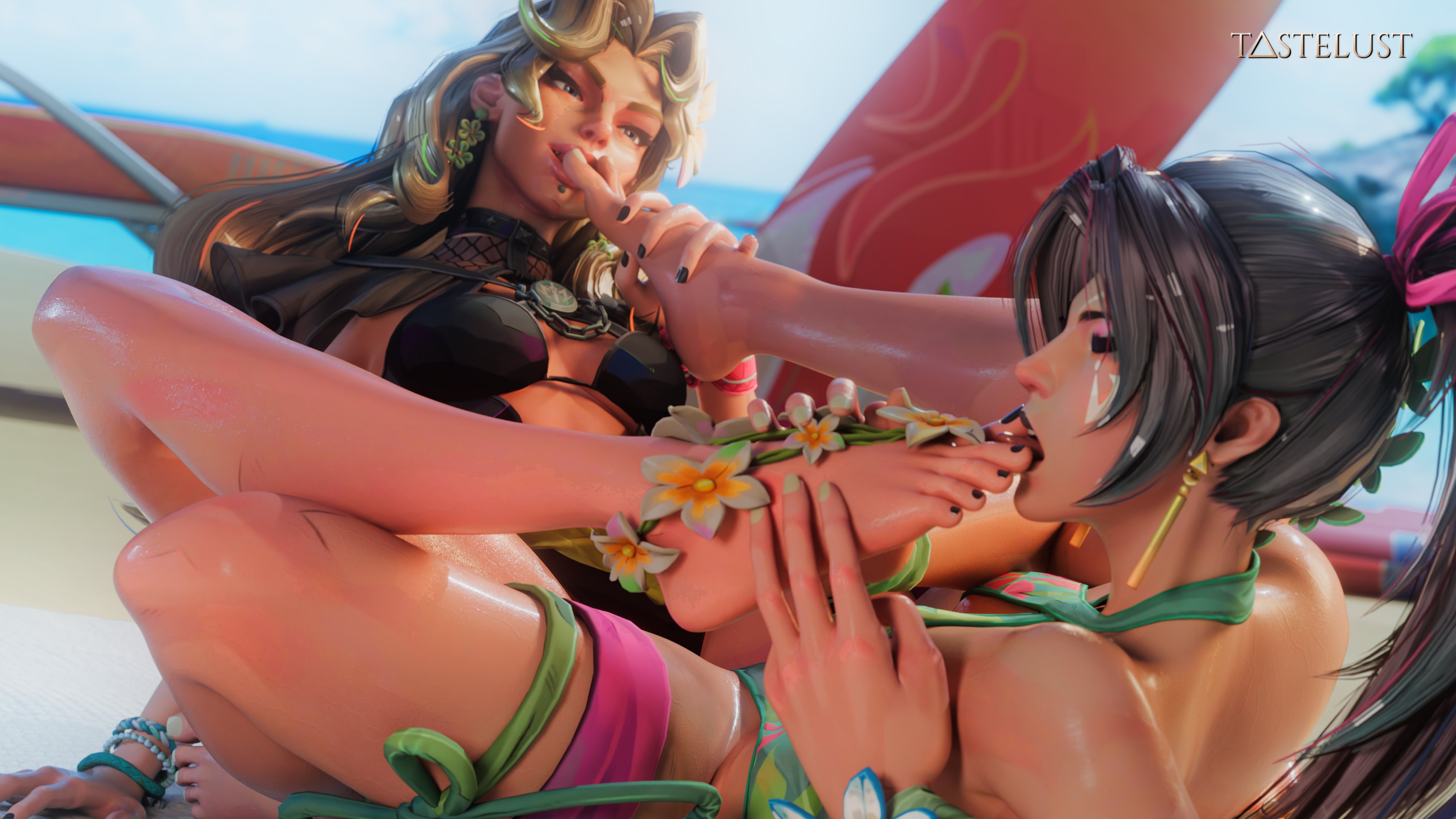 2girls, 3d, black hair, blonde hair, blue eyes, closed eyes, clothed, clothed female, clothing, feet, feet focus, female, female only, female/female, foot fetish, foot focus, licking, licking feet, licking foot, licking toes, light skin, light-skinned female, magik (illyana rasputin), magik (marvel rivals), magik (soul surfer), marvel, marvel rivals, ponytail, psylocke, psylocke (sai) (breezy butterfly), sucking toes, swimwear, tastelust, toe lick, x-men, yuri