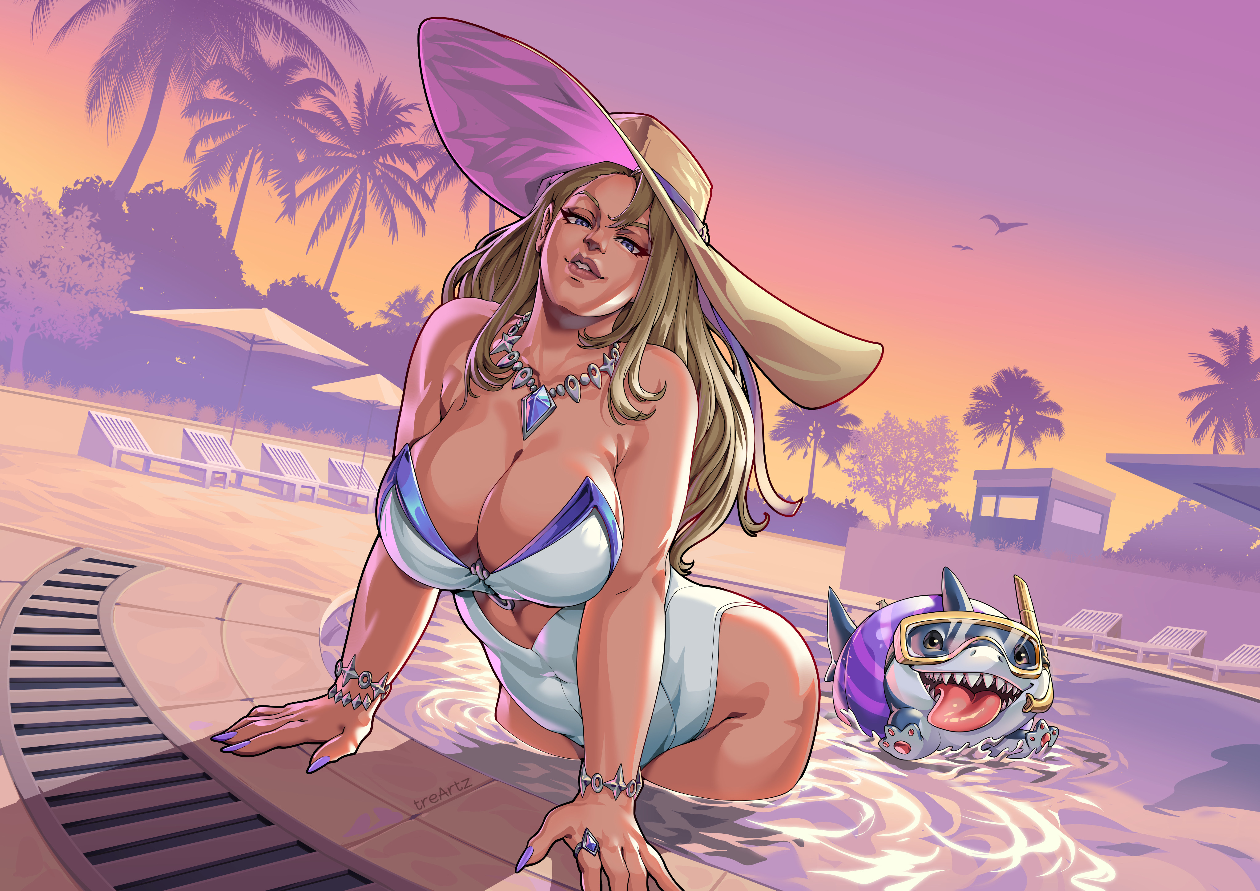 1girls, 2d, big ass, breasts, cleavage, clothed, emma frost, emma frost (marvel rivals), emma frost (white wave queen), female, female focus, fully clothed, grand theft auto, grand theft auto vi, gta vi cover girl, marvel, marvel rivals, pool, poolside, solo, solo female, thick thighs