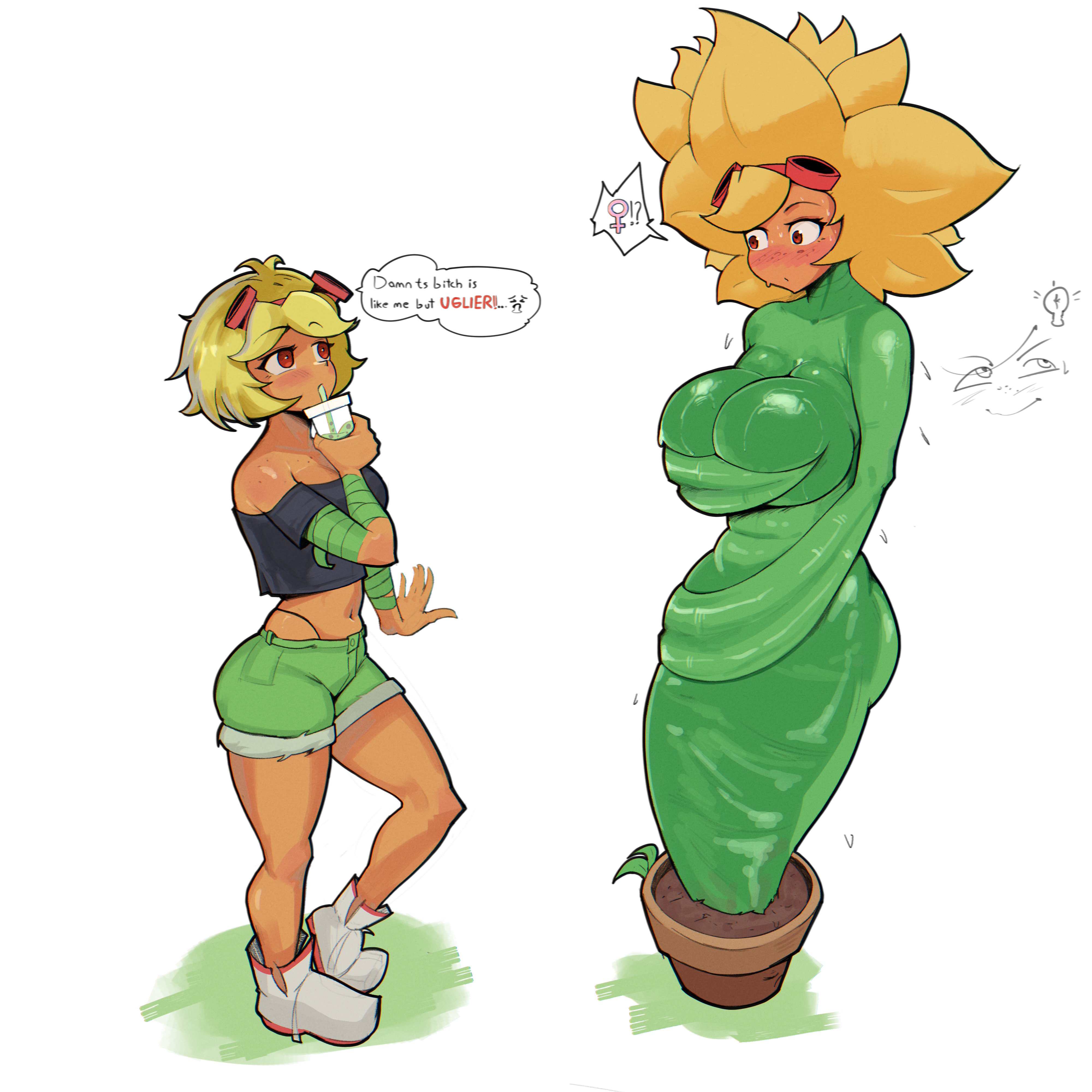 1futa, 1girls, anthro, anthro character, breasts, comic, dialogue, electronic arts, female, flora fauna, futa, futanari, hotpants, larger futa, penis, plant girl, plant humanoid, plantie, plants vs zombies, popcap, popcap games, pussy, pvz, solar flare (pvz), square crossover, sunflower (pvz), tanned female, tanned skin, text, video game, video game character, zeryn