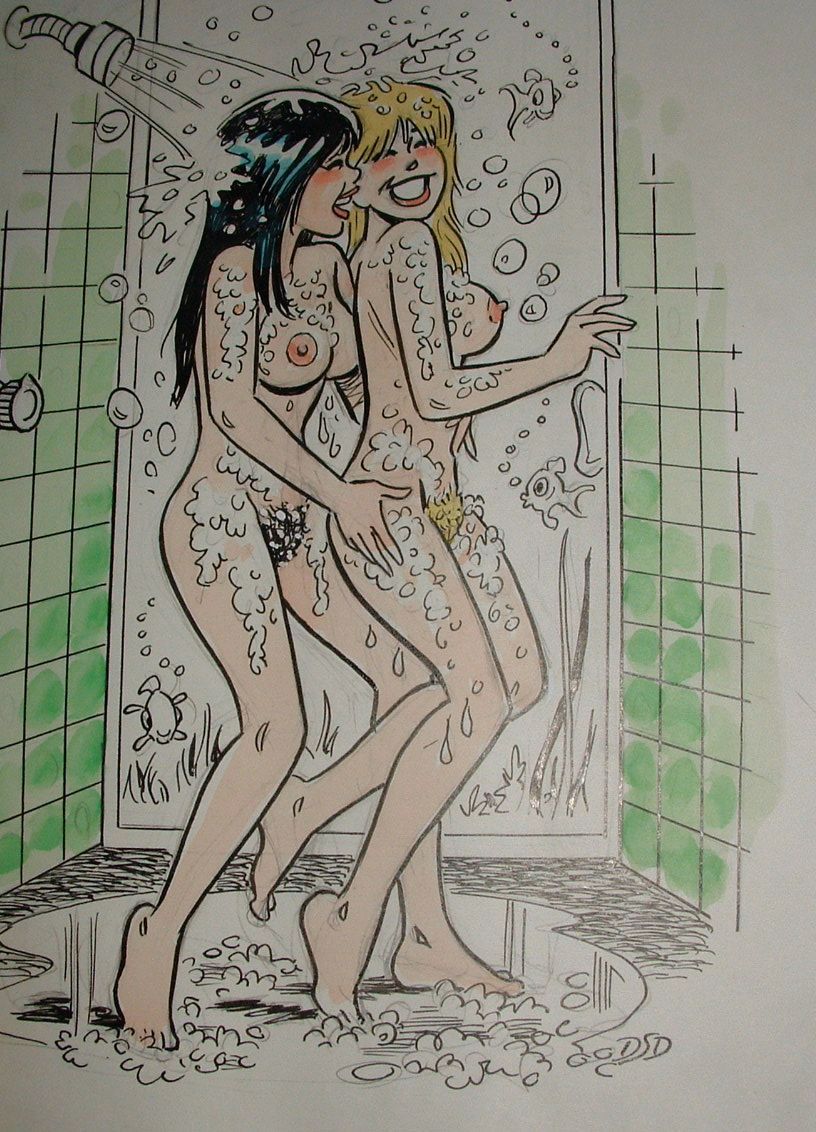 2girls archie_comics ass betty_and_veronica betty_cooper black_hair blonde_hair breasts dan_decarlo female female_only multiple_girls mutual_yuri nude pussy shower veronica_lodge yuri