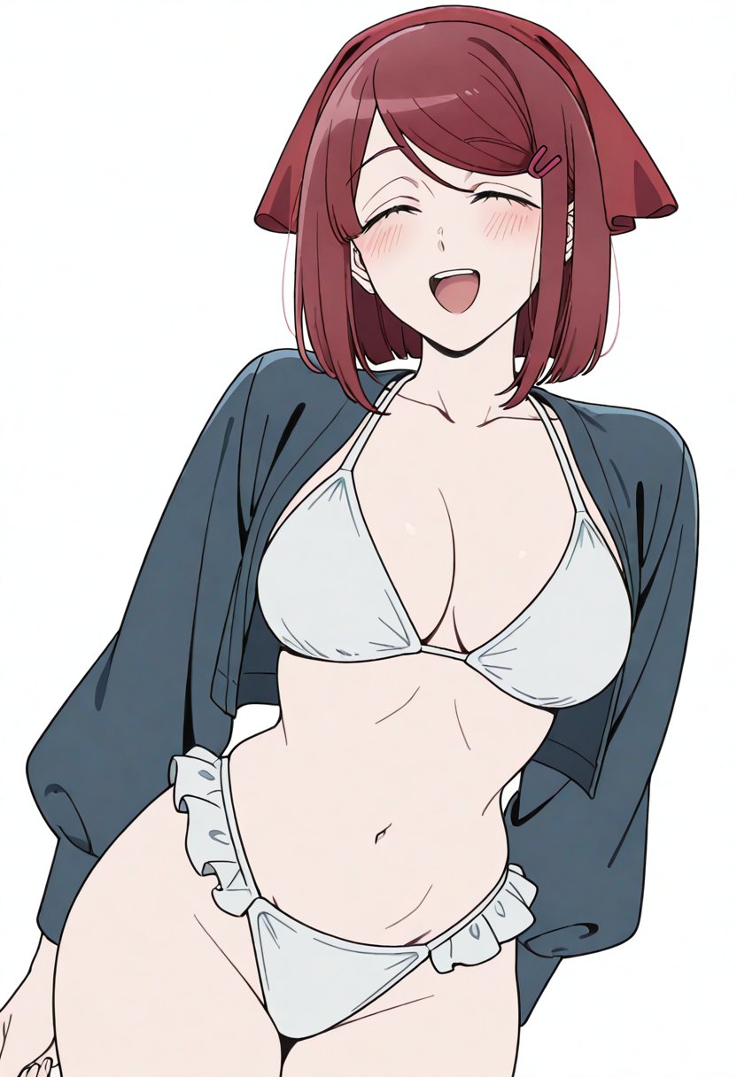 1girl, 1girls, 2d, ai generated, bikini, closed eyes, female, female only, looking at viewer, smile, smiling at viewer, solo, solo female, solo focus, super no ura de yani suu futari, swimsuit, yamada (super no ura de yani suu futari)