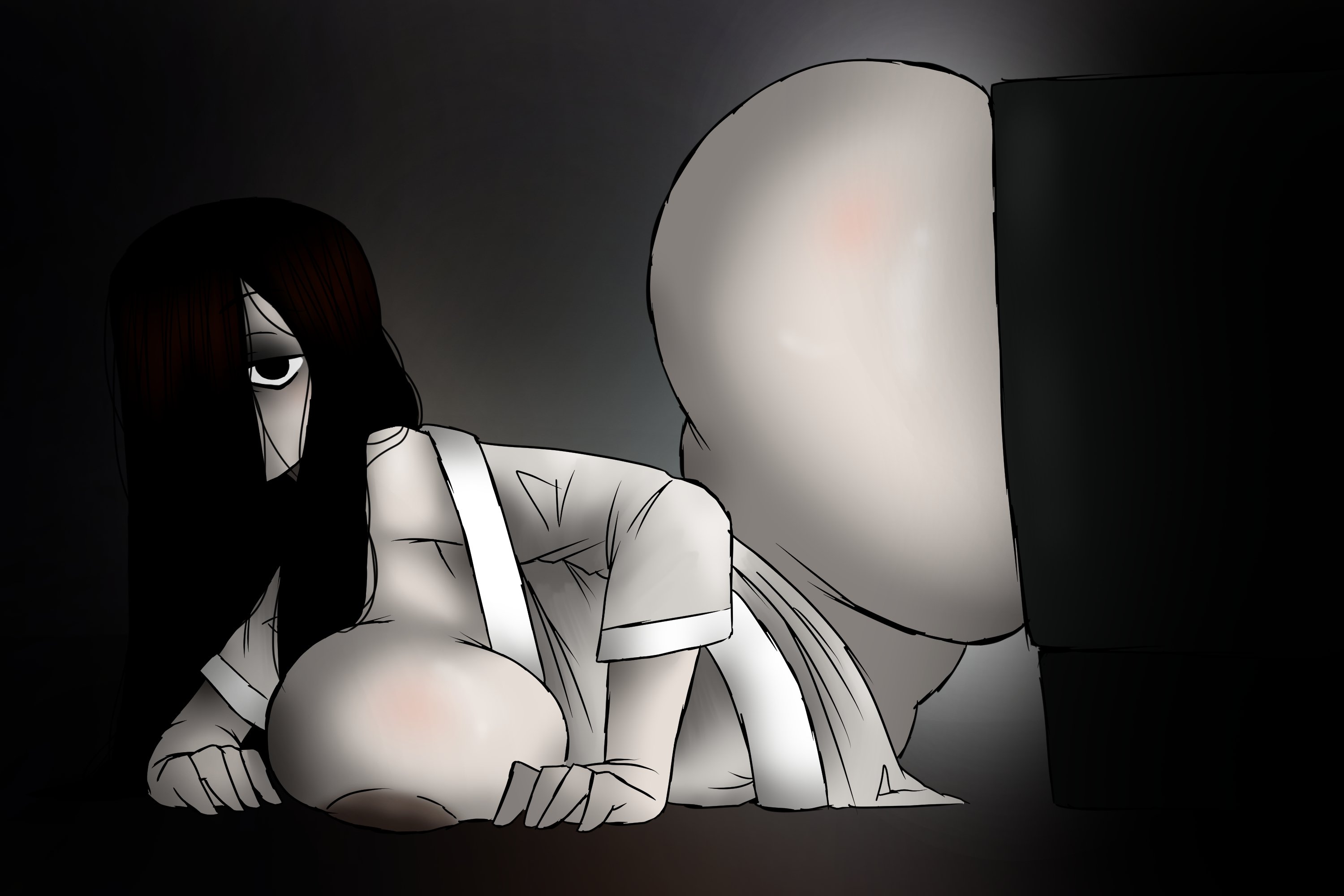 ass, black eyes, black hair, breasts, bubble butt, fat ass, female, female only, hair over one eye, huge ass, inconvenient ass, inconvenient butt, korbaen, large breasts, long hair, looking at viewer, massive ass, plump ass, sadako yamamura, stuck, television, the ring, thick, thick ass, thick thighs, thighs, yamamura sadako