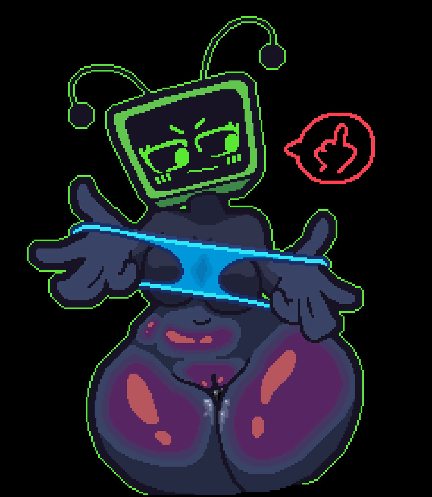 angry expression, bloquedepaja, dandy's world, dandys world, female focus, female only, panties, pixel (artwork), pixel art, pussy, showing panties, thick thighs, tv head, uncensored, vee, vee (dandy's world), wet pussy