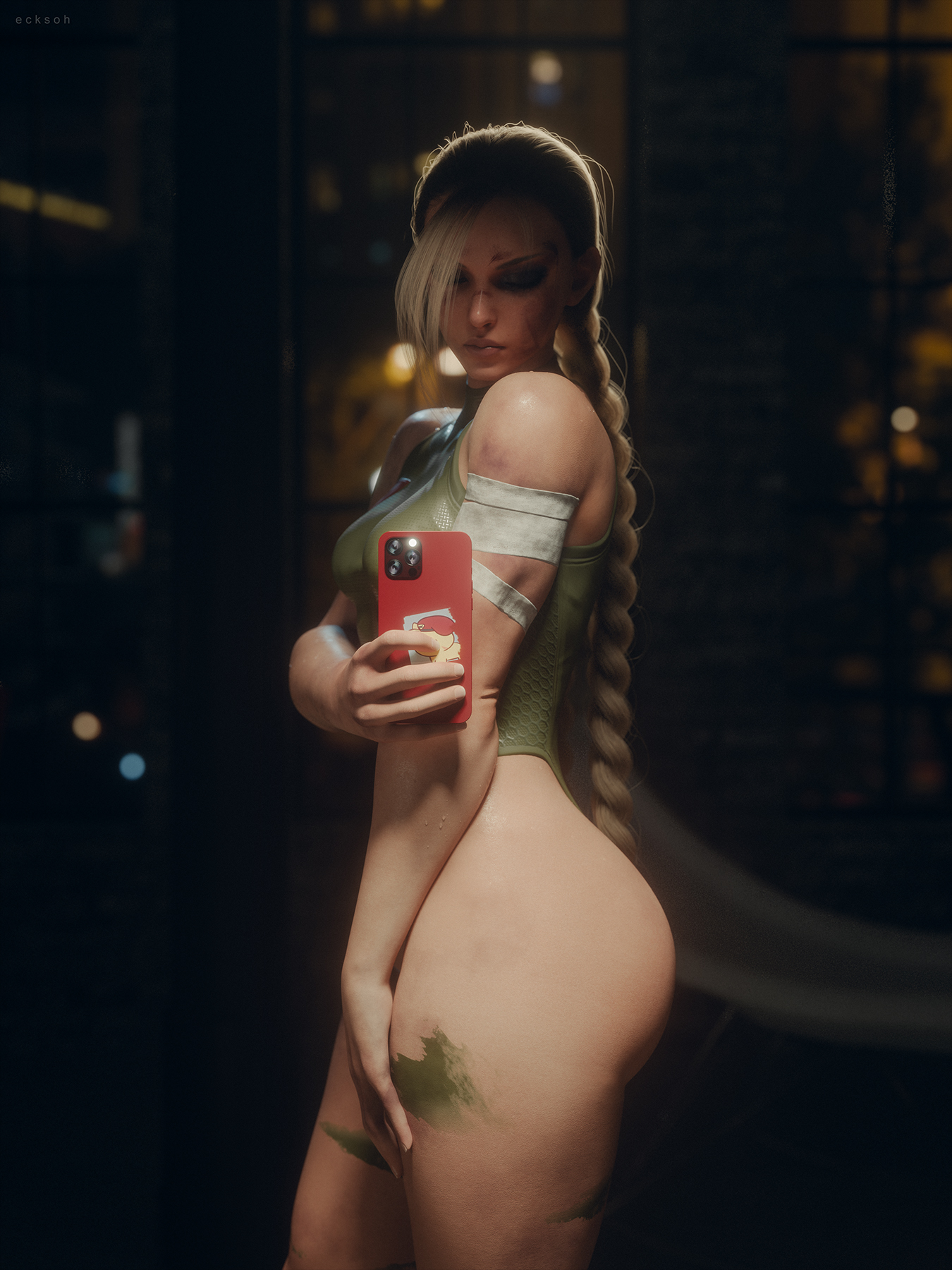 1girls, 3d, 3d (artwork), ass, ass cheeks, athletic, athletic female, big ass, blender, blender (software), blonde, blonde hair, bodypaint, bodysuit, bondage, bubble ass, bubble butt, cammy white, capcom, ecksoh, female, female only, fit, fit female, fitness, gym clothes, holding phone, huge ass, huge thighs, indoors, legs, long hair, medium breasts, mirror, mirror selfie, muscular, muscular ass, muscular female, muscular legs, perky breasts, phone, photorealism, photorealistic, realistic, realistic textures, selfie, small waist, solo, street fighter, street fighter 6, thick, thick ass, thick thighs