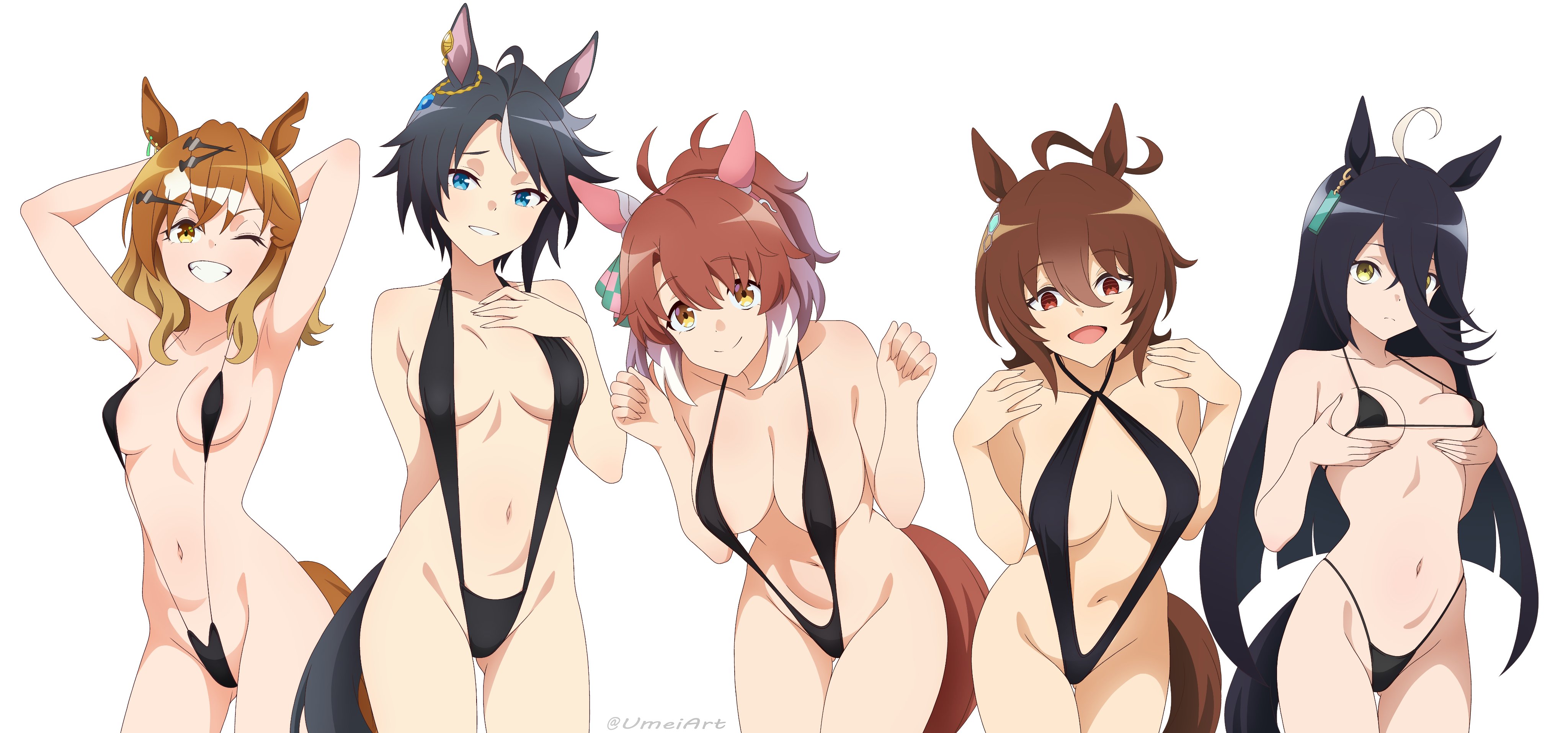 5girls, agnes tachyon (umamusume), black bikini, black hair, black slingshot swimsuit, brown hair, cleavage, dantsu flame (umamusume), fuji kiseki (umamusume), horse ears, horse girl, horse tail, jungle pocket (umamusume), large breasts, long hair, looking at viewer, manhattan cafe (umamusume), medium breasts, navel, short hair, smile, stomach, umamusume, umamusume pretty derby, umamusume: beginning of a new era, umeiart, white hair