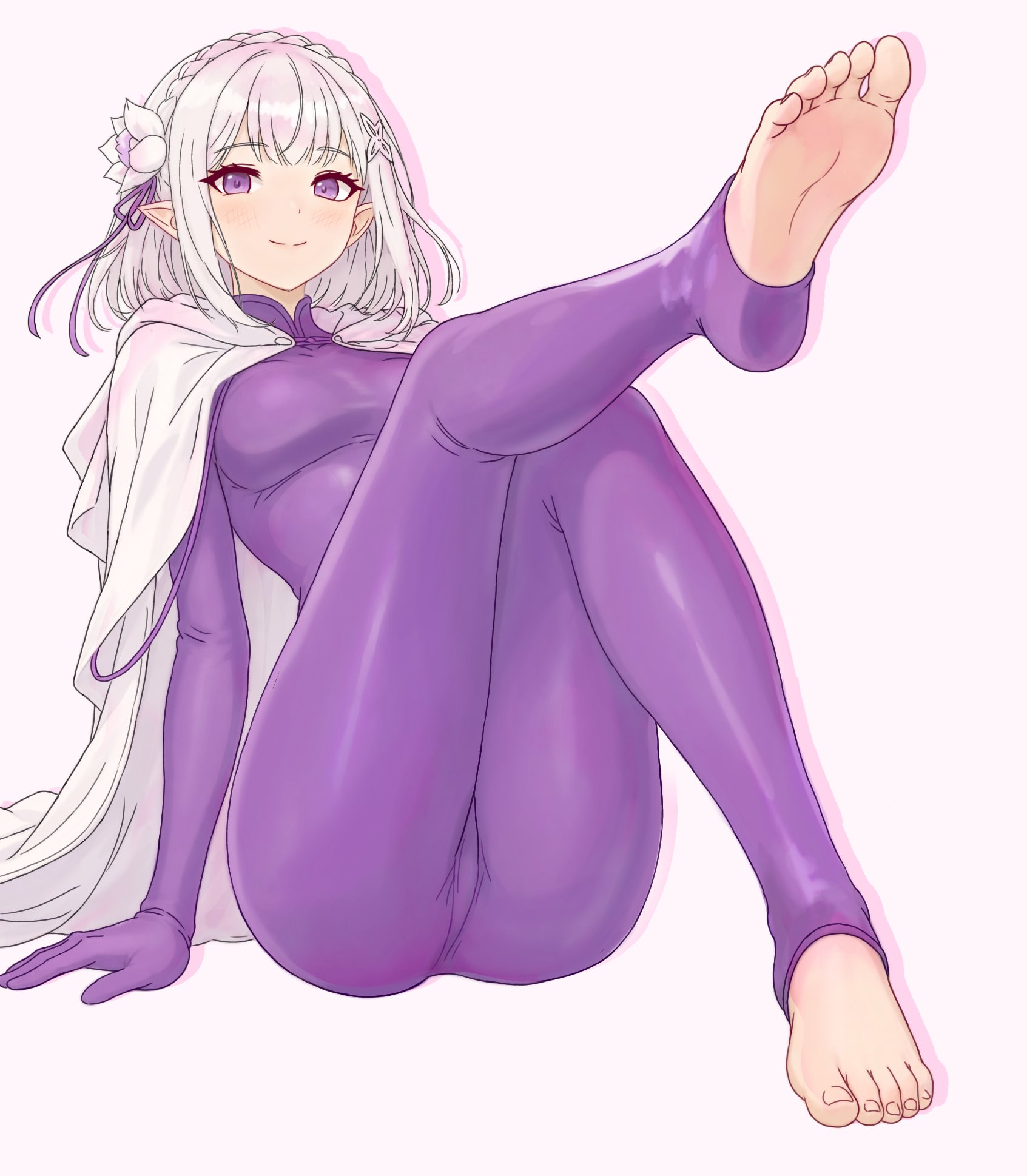 1girl, arm support, ass, barefoot, blush, bodysuit, braid, breasts, cape, closed mouth, commentary, cosplay, crown braid, emilia (re:zero), feet, flower, foot focus, foreshortening, full body, gloves, hair flower, hair ornament, hair ribbon, heyy vivii, highres, leg up, legs, looking at viewer, medium breasts, nail polish, pointy ears, purple bodysuit, purple eyes, purple ribbon, re:zero kara hajimeru isekai seikatsu, ribbon, short hair, simple background, sitting, smile, soles, solo, toenail polish, toenails, toes, white background, white cape, white flower, white hair, x hair ornament