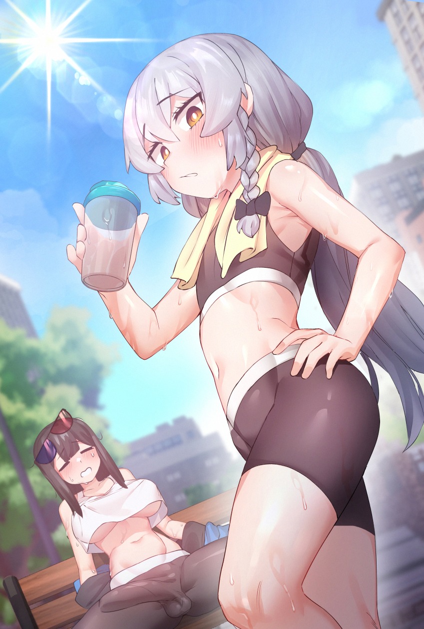 1boy, 1futa, big penis, black hair, booty shorts, breasts, bulge, clothed, clothing, disposable cup, duo, erection, erection under clothes, exhausted, eyewear on head, femboy, fully clothed, futanari, hand on hip, holding cup, holding object, howcow, howcow (vtuber), huge cock, human, indie virtual youtuber, intersex, large breasts, leggings, light skin, light-skinned futa, light-skinned male, looking at viewer, male, midriff, no bra, otonashi (otonashi5959), outdoors, outside, pale skin, penis, silver hair, sitting, solo futa, sports bra, sportswear, spread legs, standing, sunglasses, sunglasses on head, sweat, tongkkangi, tongkkangi (streamer), towel, trap, underboob, virtual youtuber, yoga pants