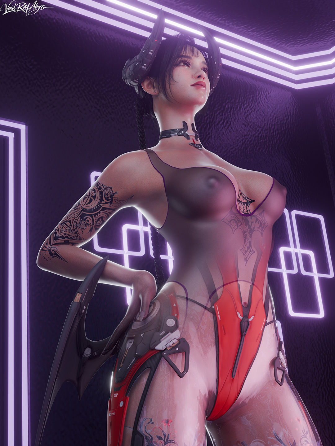 3d, 3d (artwork), 3d model, 3d render, armpits, bodystocking, bodysuit, bunny (the first descendant), bunny voltia, cinematic, cinematic lighting, fit, fit female, fitness girl, model pose, modeling, modelling, nipples, nipples visible through clothing, patreon, patreon artist, pose, succubus costume, succubus horns, succubus wings, tattoo, tattoo on arm, tattoo on belly, tattoo on chest, tattooed arm, tattoos, tfd, the first descendant, transparent clothing