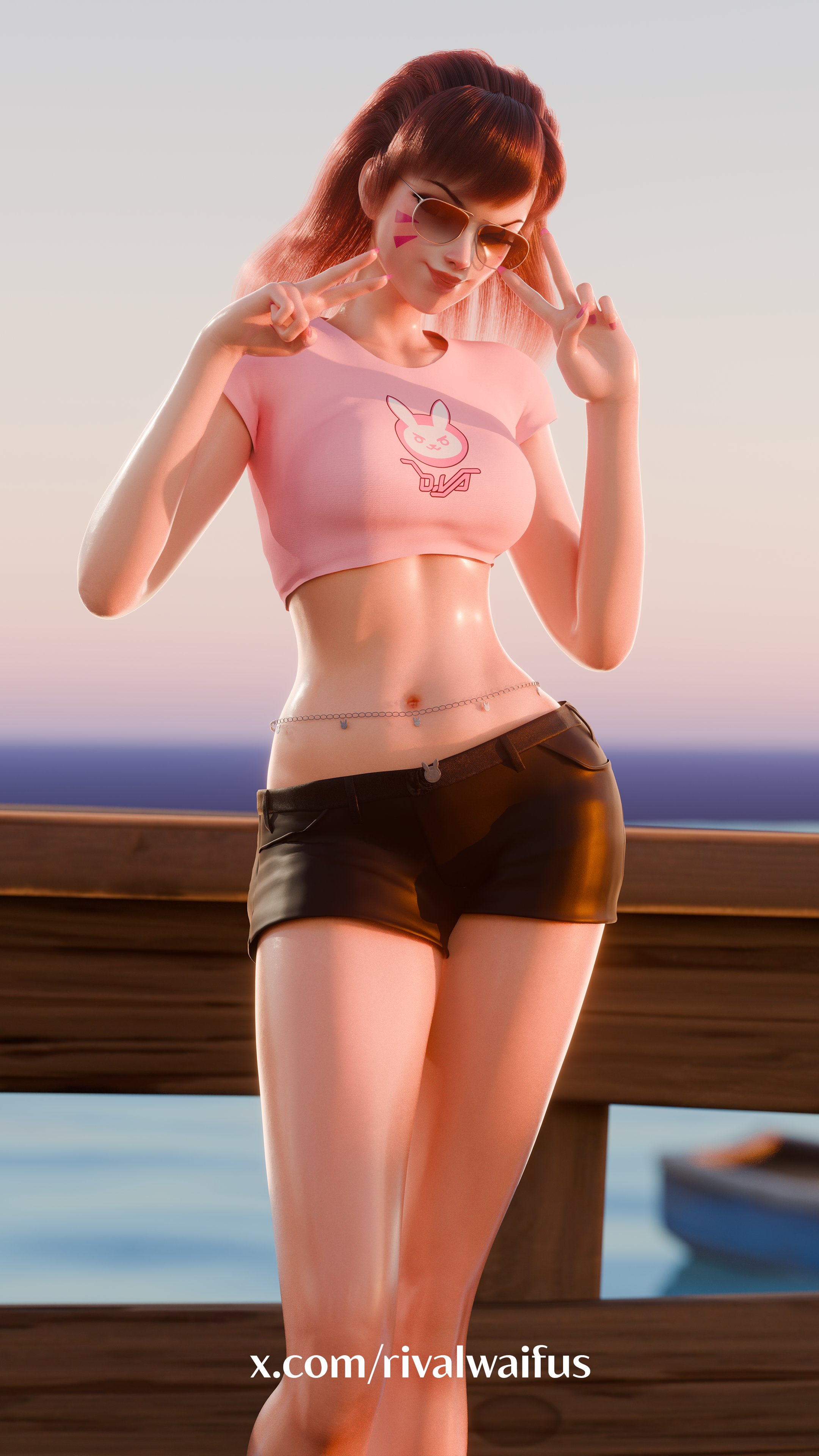 1girls, 3d, 3d (artwork), 3d model, 3d render, ass, beach, beach background, belly, belly button, blender, blender (software), blizzard entertainment, boobs, d.va, female, hands behind head, hat, legs, long legs, mother, overwatch, pool, pose, posing, rivalwaifus, shirt, shorts, solo, sunset, sweat, sweating, sweaty, thick thighs, thighs, walking, water