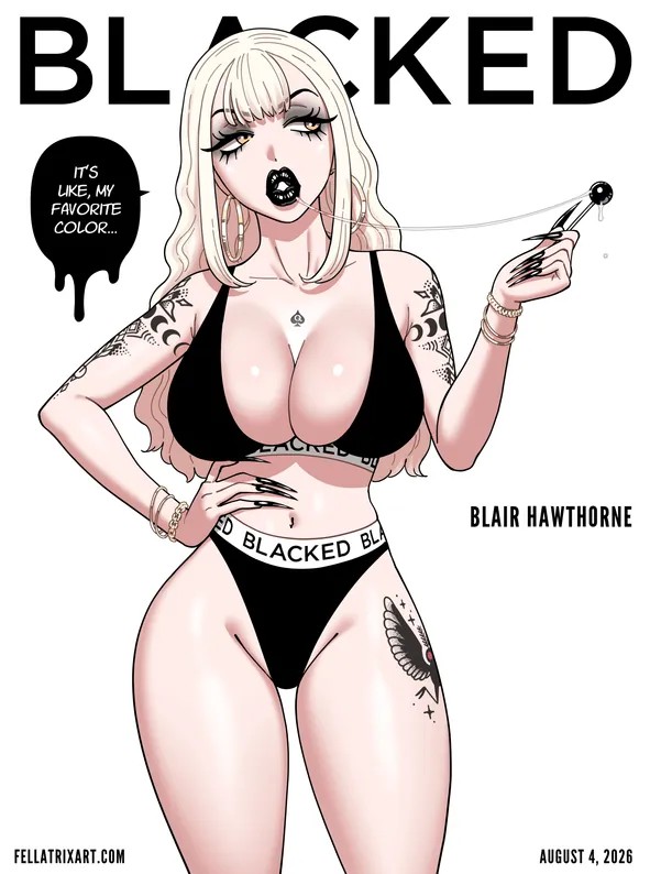 black eyeshadow, black lipstick, black nails, blacked, blacked clothing, blacked female, blacked tattoo, blair (fellatrix), eyeshadow, fellatrix, goth, goth girl, light-skinned female, lipstick, lolipop, long nails, magazine cover, no sex, pale skin, pale-skinned female, queen of spades, queen of spades symbol, queen of spades tattoo, saliva string, saliva trail, tattoo, tattoo on arm, tattoo on legs, tattooed arm, tattoos, white hair, yellow eyes