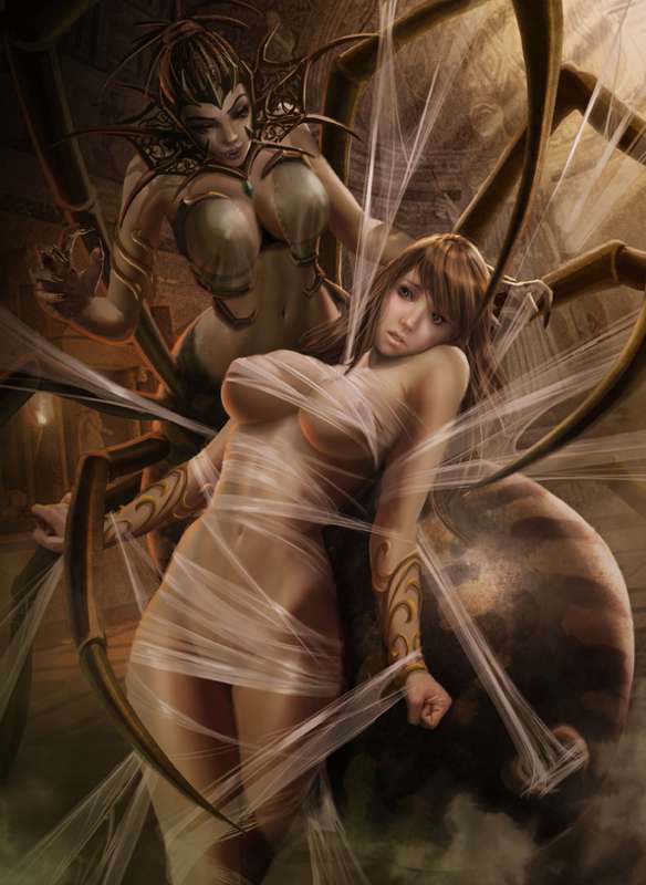 arachne (mythology), arachnid, arachnid humanoid, arachnophilia, athena, athena (mythology), black body, black hair, black skin, bondage, breasts, brunette, brunette hair, captured, female only, greek mythology, heroine in trouble, implied lesbian, implied yuri, lesbian, monster, monster on female, nightmare waifu, ninjartist, nude, nude female, nudity, realistic, revenge, spider, tied up, web, web bondage, webbed, worried, worried expression, yuri