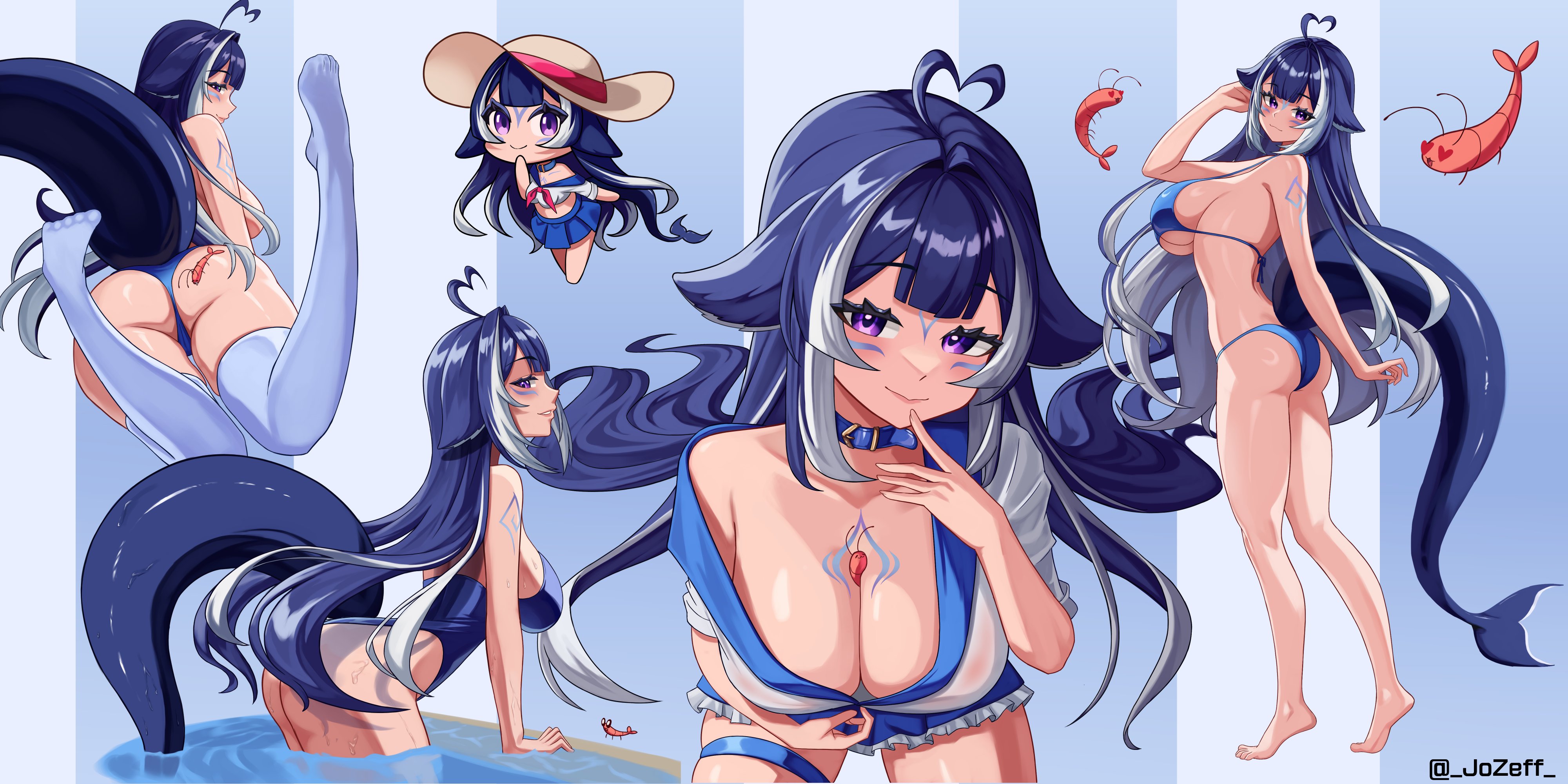1girl, absurdres, ahoge, ass, between breasts, bikini, blue bikini, blue collar, blue hair, blue one-piece swimsuit, blue sailor collar, blue skirt, blue thighhighs, body markings, breasts, cetacean tail, chibi, chibi inset, cleavage, collar, facial mark, feet, fins, fish tail, from side, full body, heart, heart ahoge, highres, indie virtual youtuber, large breasts, long hair, looking at viewer, multicolored hair, multiple views, one-piece swimsuit, orca girl, purple eyes, sailor collar, shirt, shrimp, shylily, sideboob, skirt, standing, swimsuit, tail, thighhighs, thighs, virtual youtuber, white hair, white shirt