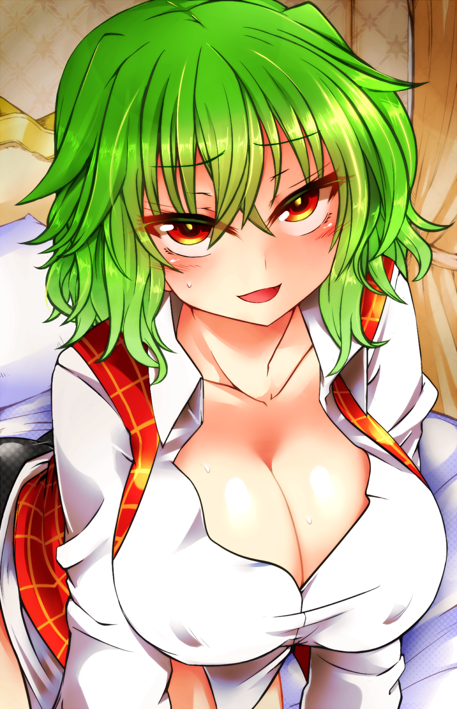 1girls bed bedroom breast_focus breasts cleavage clothed collarbone green_hair indoors inviting kazami_yuuka large_breasts looking_at_viewer open_mouth red_eyes roki_(hirokix) short_hair solo sweat touhou yuka_kazami yuuka_kazami