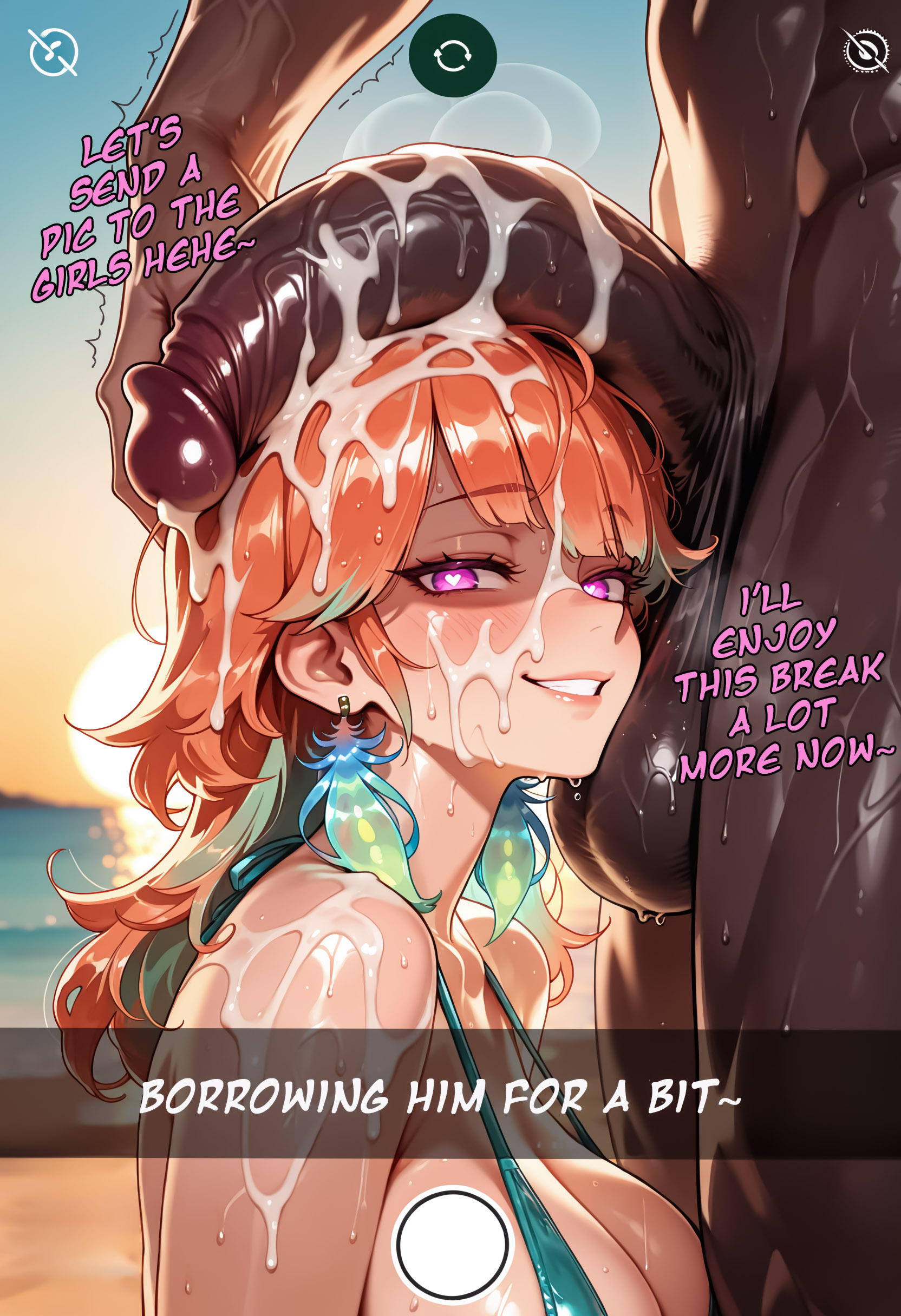 1boy, 1girl, ai generated, bikini, blacked, breasts, bukkake, cum, cum on body, cum on hair, dark skin, dark-skinned male, earrings, english text, erection, face in crotch, facial, fake screenshot, feather earrings, feathers, heart, heart-shaped pupils, hetero, hololive, interracial, jewelry, kurorgy, large penis, lipstick mark, multicolored hair, orange hair, penis, penis on face, penis on head, picture, purple eyes, smile, sweat, swimsuit, symbol-shaped pupils, takanashi kiara, testicles, uncensored, veiny penis, virtual youtuber, worshipping cock