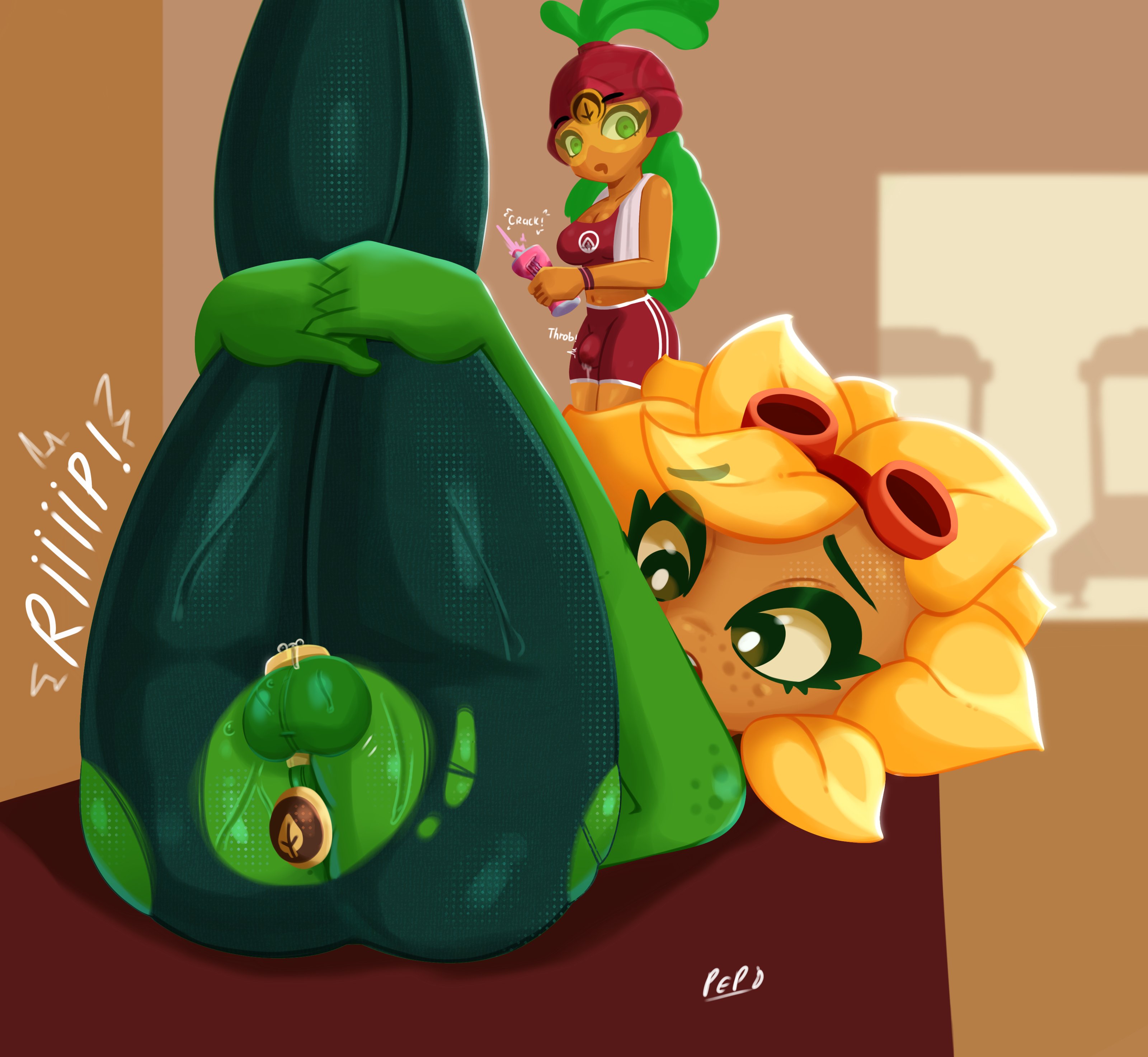 2futas, accidental exposure, anal, anthro, anthro character, anus, ass, beta-carrotina (pvz), big, blush, breasts, bulge, buttplug, cage, chastity cage, cock, cock cage, comic, cum, dickgirl, dickgirl/dickgirl, electronic arts, erection, flora fauna, freckles, futa, futa sans pussy, futanari, mysticpeppy, penis, plant girl, plant humanoid, plantie, plants vs zombies, plants vs zombies: heroes, popcap, popcap games, precum, pvz, ripped clothing, ripped leggings, ripped pants, solar flare (pvz), sunflower (pvz), tagme (artist), video game, video game character, yoga pants
