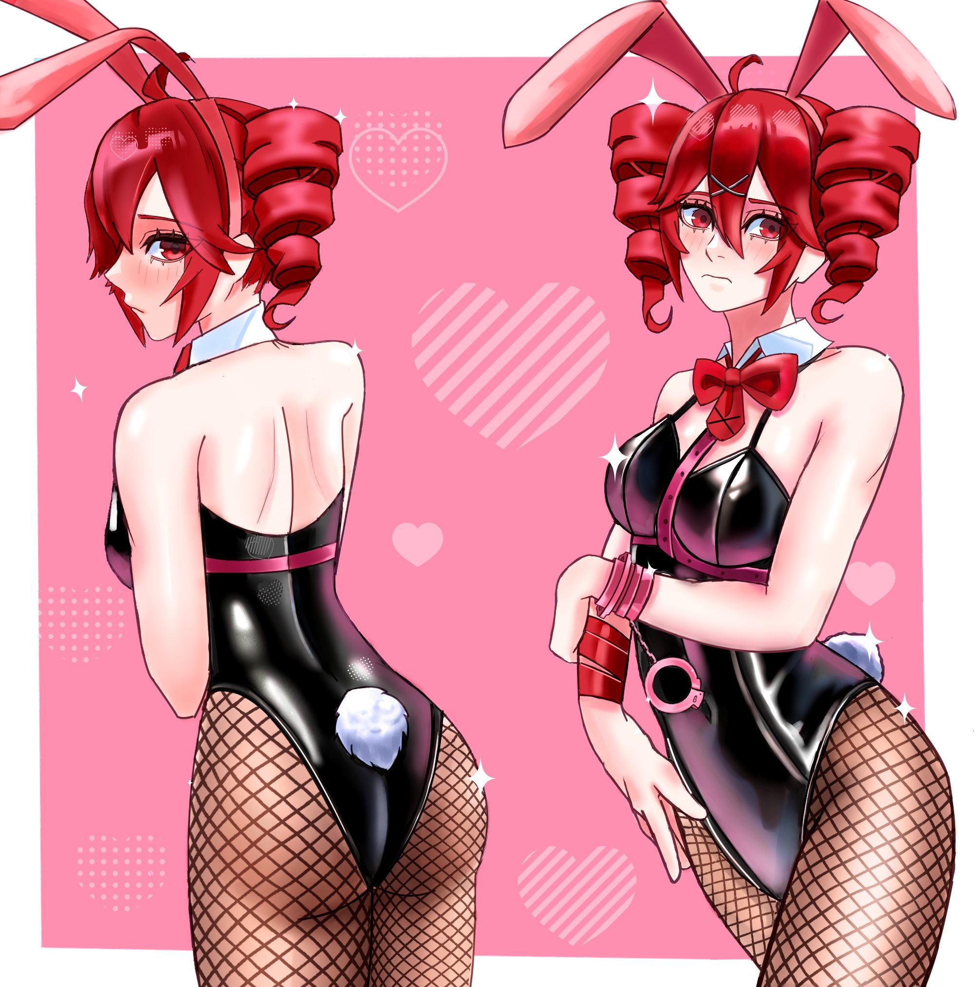 1girls, 2d, 2d (artwork), ahoge, ass, back, back view, blush, blush lines, blushing, blushing female, bow, breasts, bunny ears, bunny girl, bunny tail, bunnysuit, detached collar, dirtydanreborn, embarrassed, embarrassed female, eyelashes, female, female only, fishnet stockings, fishnets, front view, frown, gluteal fold, hair ornament, handcuffs, heart, heart symbol, kasane teto, latex, latex bunnysuit, latex clothing, latex leotard, looking at viewer, looking back, medium breasts, multiple angles, mv character, navel, navel visible through clothes, pantyhose, petite, petite body, petite female, pink background, playboy bunny, rabbit hole (vocaloid), red eyes, red hair, shiny clothes, shiny latex, shiny leotard, simple background, skinny, skinny female, slim girl, slim waist, solo, solo female, sparkles, straps, straps across chest, thick thighs, thighs, tight clothes, tight clothing, twin drills, utau, wide hips