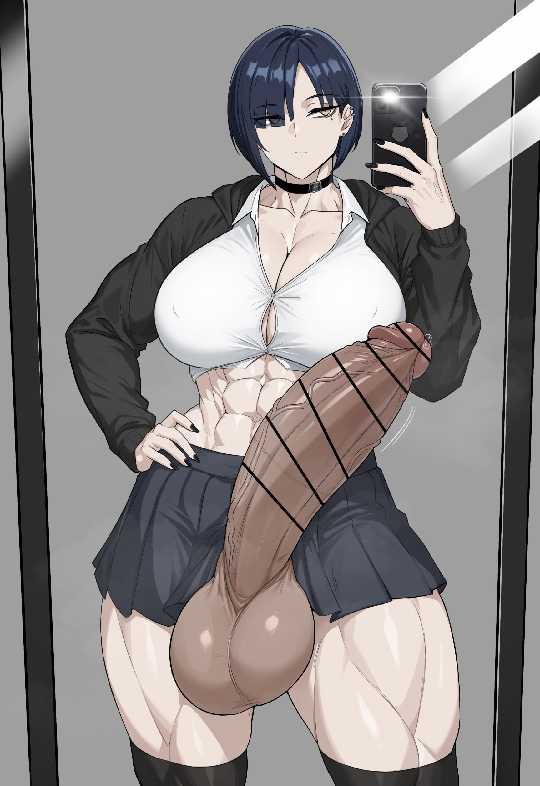 1futa, abs, bangs, big breasts, censor bar, censored, erection, futanari, huge balls, huge breasts, huge cock, muscular, muscular futa, phone, precum, selfie, soutoku, veiny penis